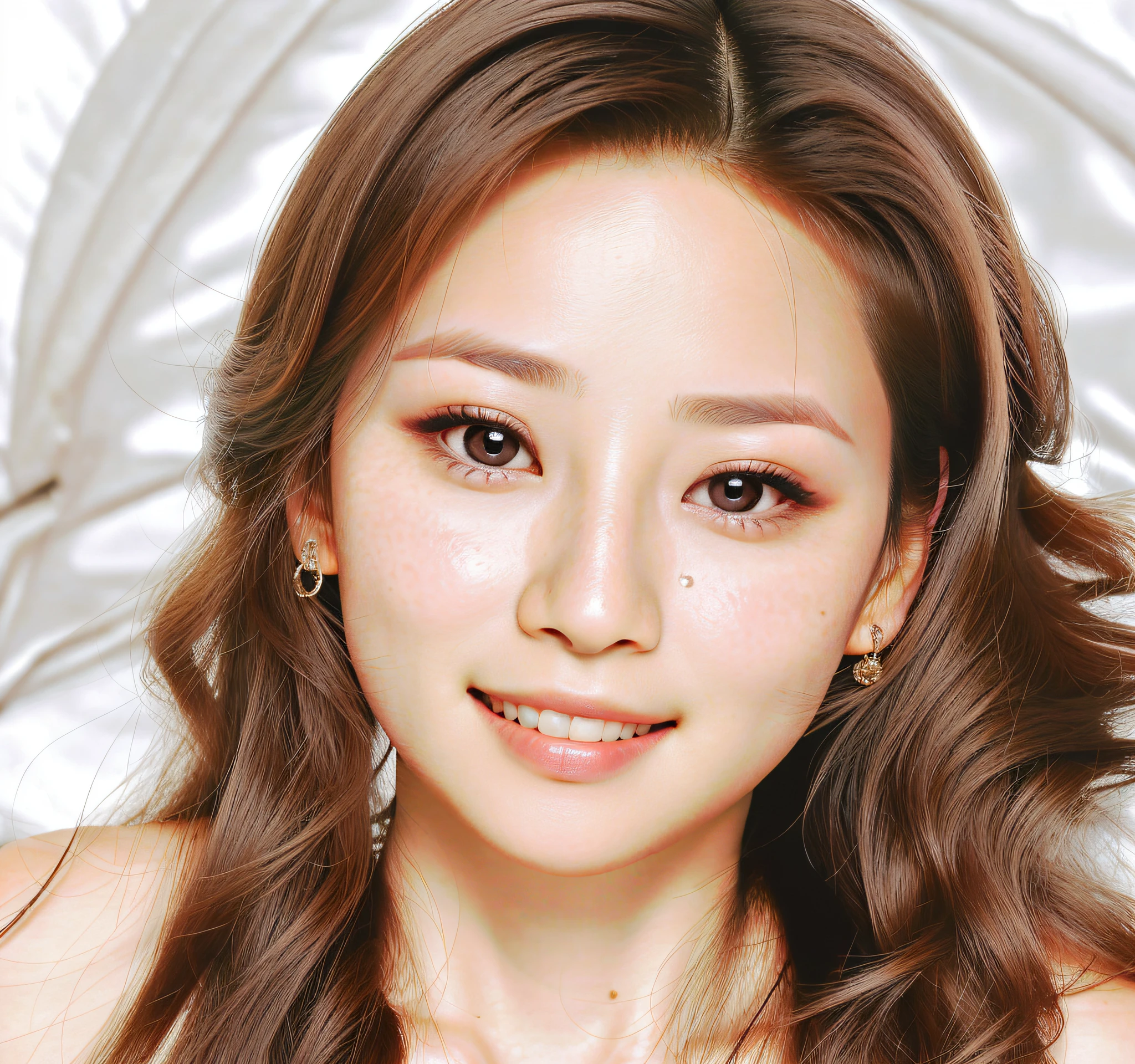 (Photorealistic: 1.4), Masterpiece, Ultra High Resolution, RAW Photo, Best Quality, (Smile with Teeth: 10.0), (Sexy: 1.4), Raw Photo, Japan Beautiful Wife, (Small Face: 3.0), (Cute: 3.0), (Blush Pink: 3.0), (Eyes Downed: 5.0), (Large, Round Eyes: 3.0), (Moisturized Eyes: 3.0), ( Upper eye on camera: 3.0), figure eight with double-down eyebrows, white skin with makeup, short hair, lying on his back on the bed,