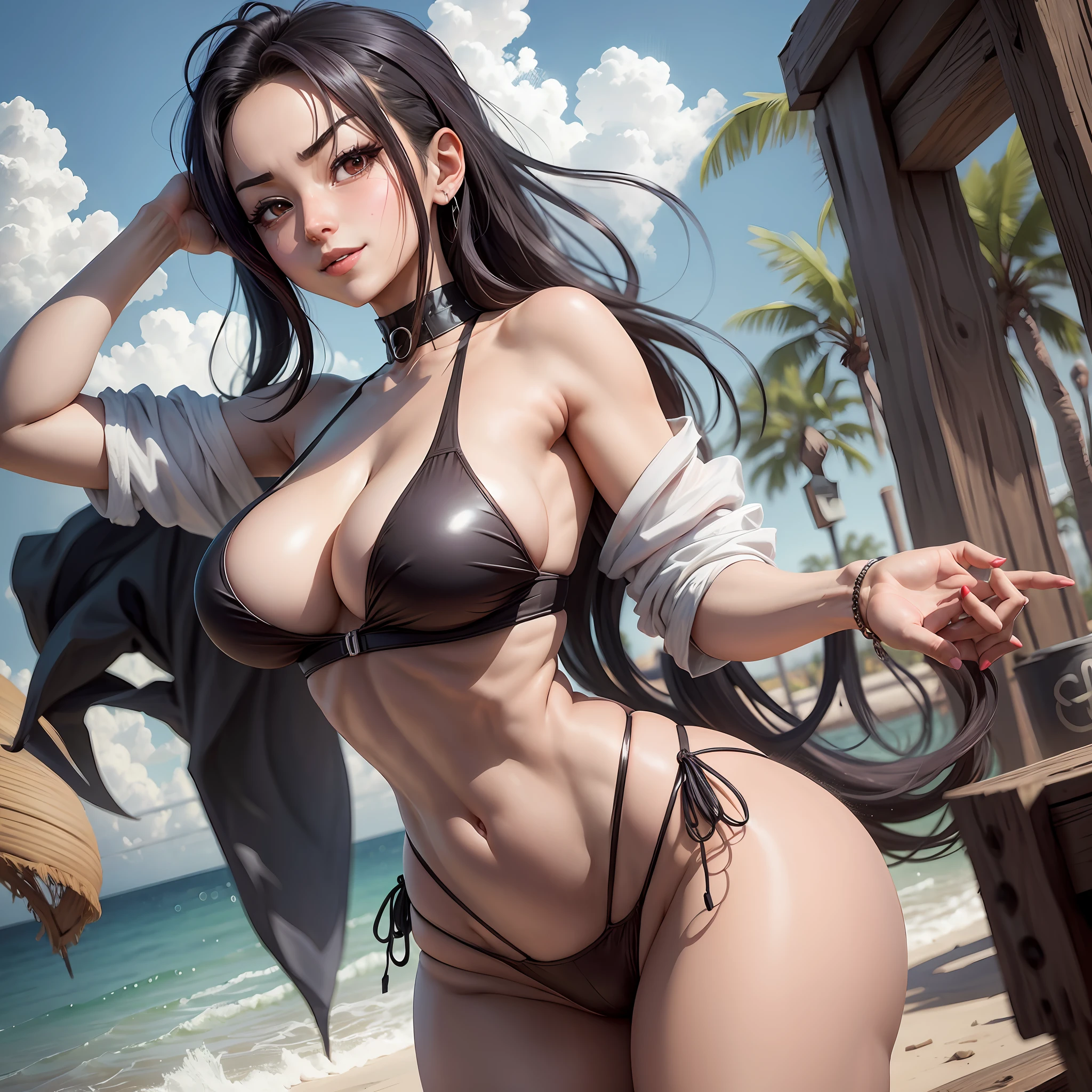 Momo yaoyorozu with a noughty expression a slutty smile an hourglass figure enormus tits Big ass fit body and a wasp waist wearing a tight bikini --auto --s2