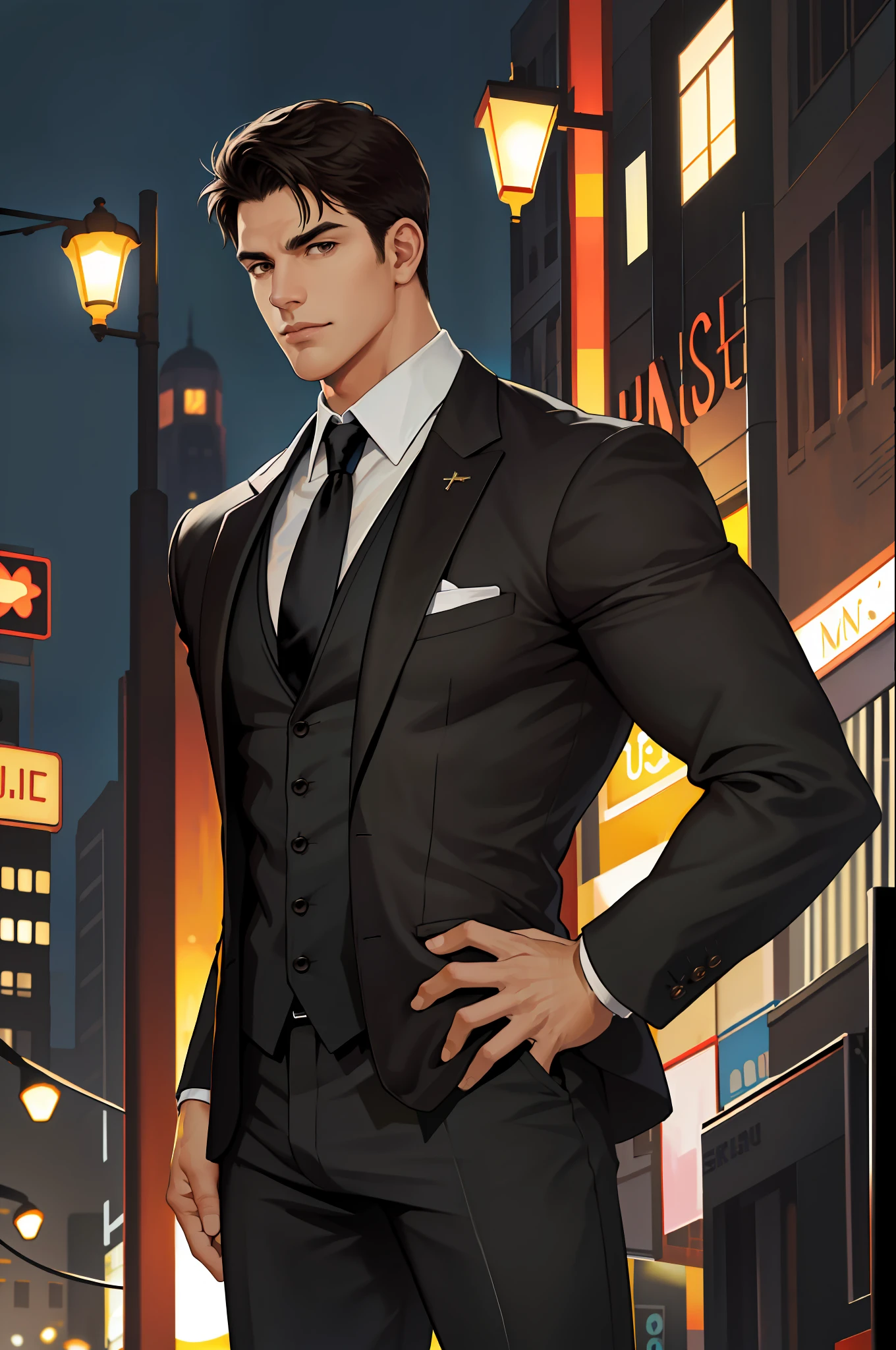 (absurdres, highres, ultra detailed, realistic, ), 1 male, solo, adult, mature, tall muscular guy, broad shoulders, handsome, very short hair, black hair, brown eyes, angular jaw, thick neck, thick eyebrows, night, dark, the night view of the city background, formal suit, necktie, upper body