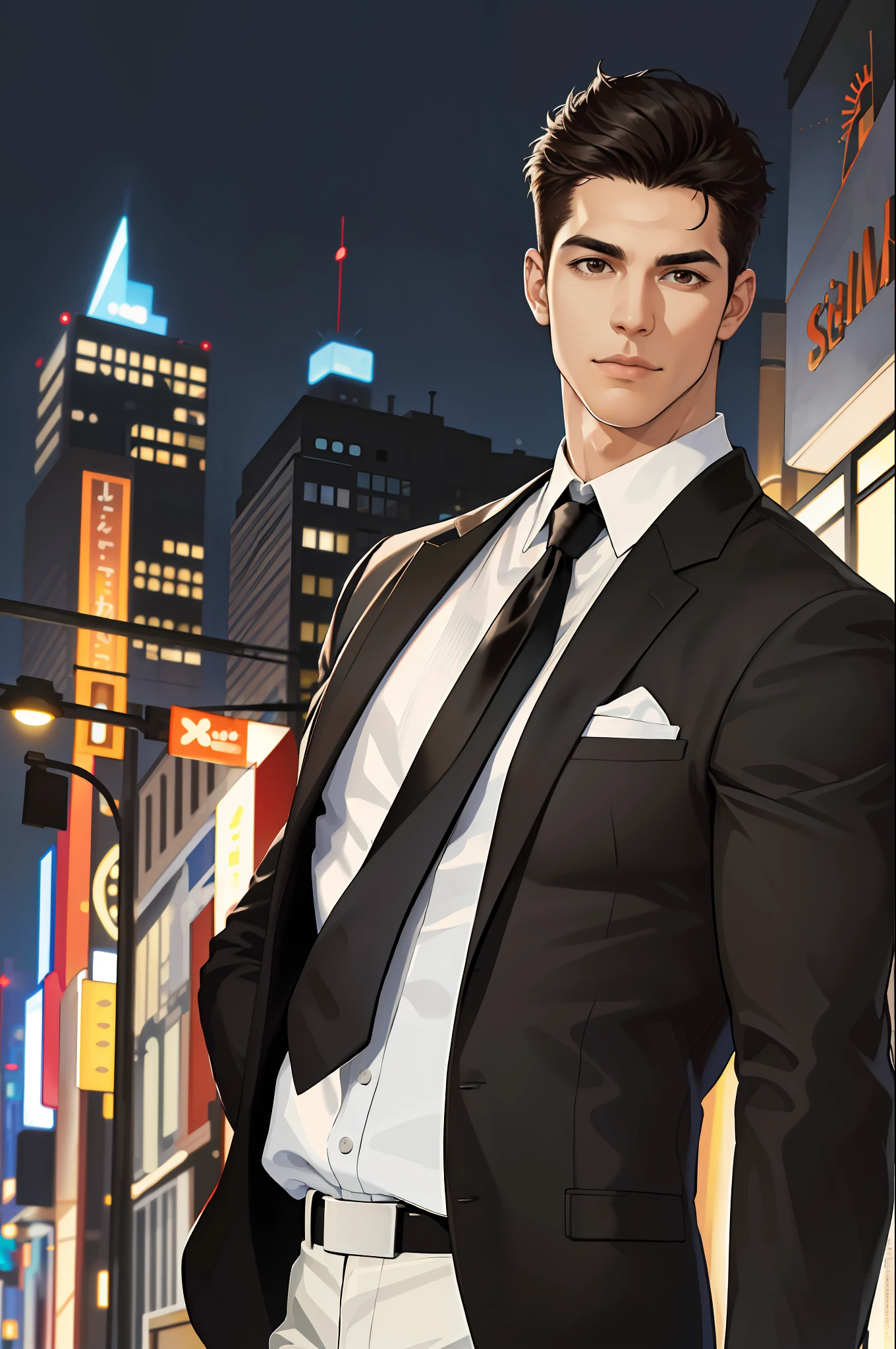 (absurdres, highres, ultra detailed, realistic, ), 1 male, solo, adult, mature, tall muscular guy, broad shoulders, handsome, very short hair, black hair, brown eyes, angular jaw, thick neck, thick eyebrows, night, dark, the night view of the city background, formal suit, necktie, upper body