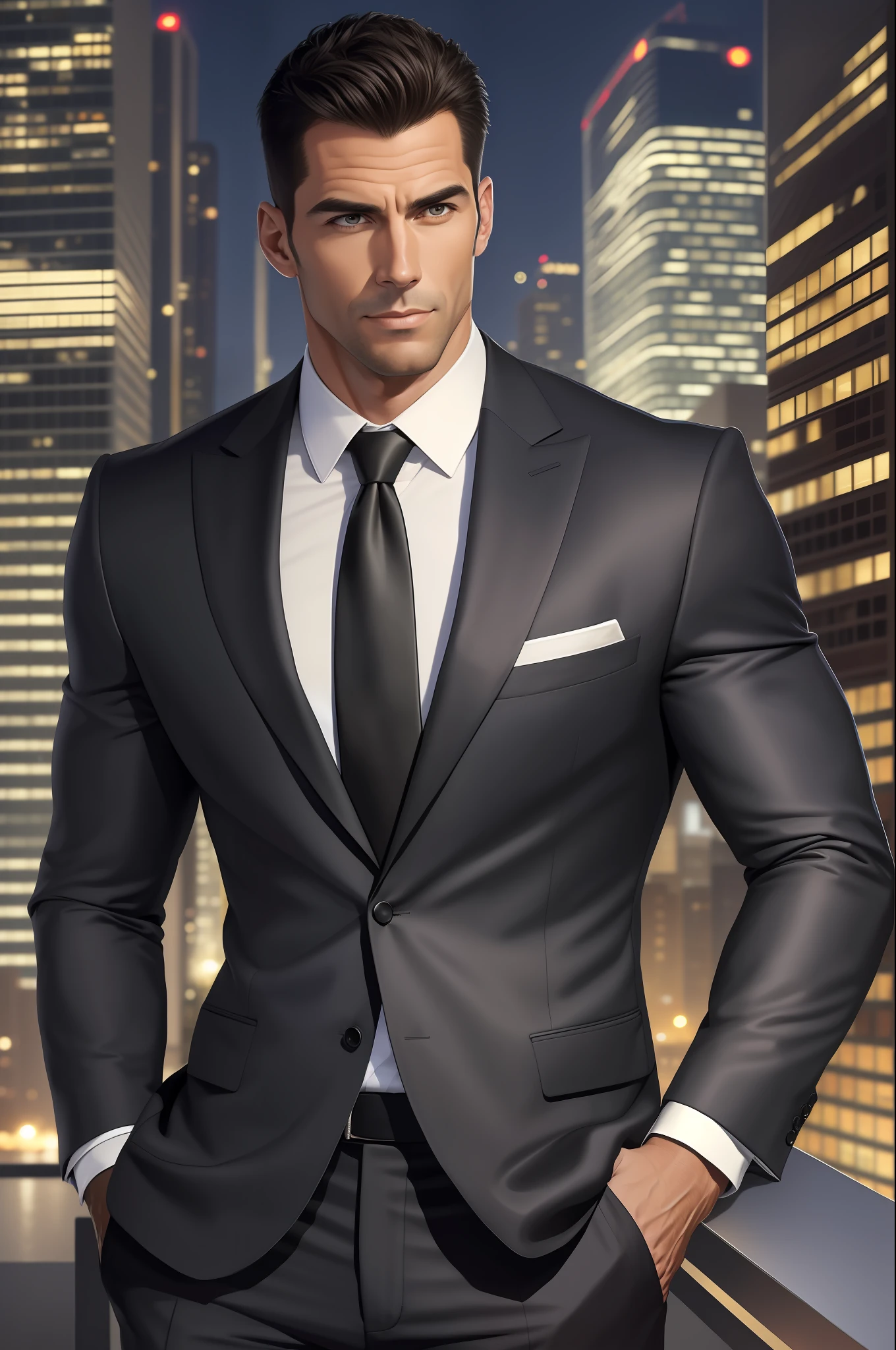 (absurdres, highres, ultra detailed, realistic, ), 1 male, solo, adult, mature, tall muscular guy, broad shoulders, handsome, very short hair, black hair, brown eyes, angular jaw, thick neck, thick eyebrows, night, dark, the night view of the city background, formal suit, necktie, upper body