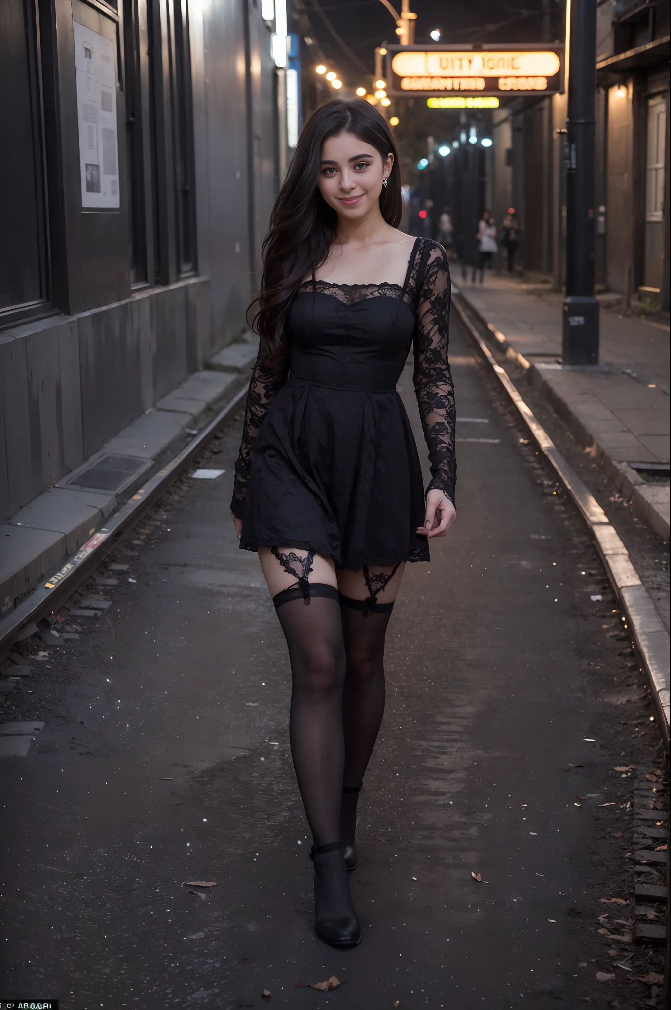 ((artistic photography)) Short dress, dark brown lace stockings sensual Lolita, abandoned city and next to or train in an environment of ((night photography)) Lauren Jauregui, smiling and happy in a ((urban installation)) full scale. ((colloquial)) I want more of this mysterious and seductive aesthetic!