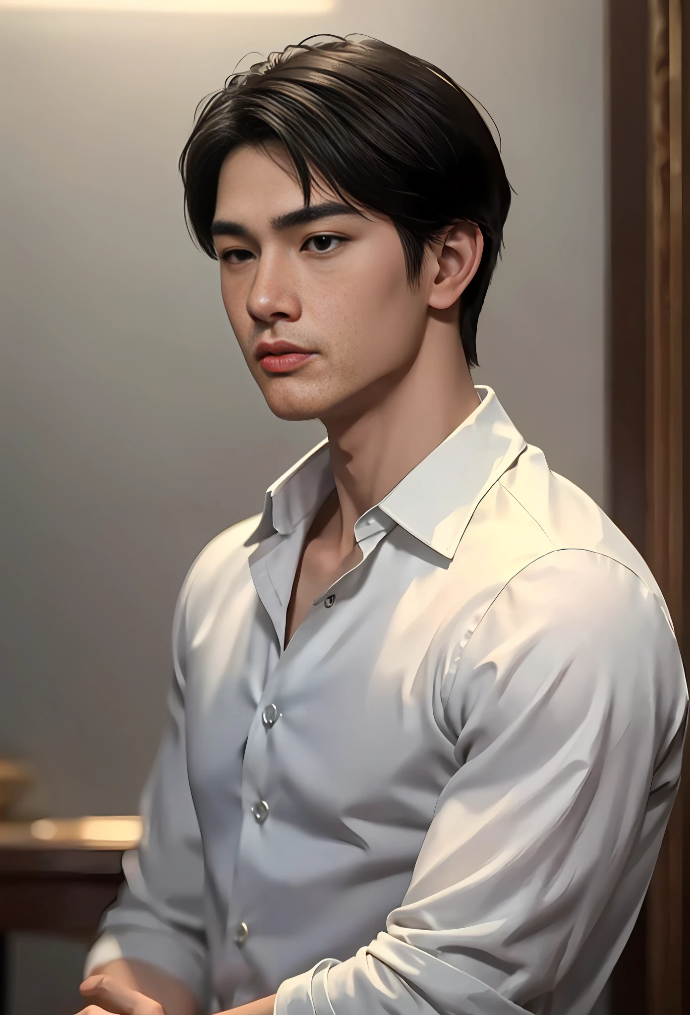 Masterpiece, best quality, (realistic, very detailed), boy, handsome asian face, ((delicate face)), short black hair, ((very delicate nose)), perfect nose, ((sharp jaw)), ((beautiful round mouth)), wearing jeans and white shirt, sensual, atmosphere, (realism: 1.5), 8k