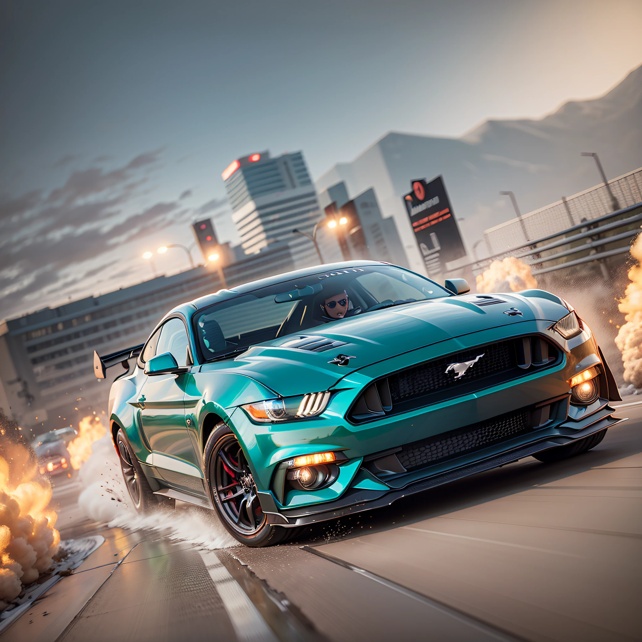 2024 mustang car racing, image capturing the dynamic and implied movement, motion blur, intense, action scenes, dynamic action, dynamic motion, captured by Phantom High-Speed Camera, Neil Leifer, Walter Iooss Jr., Elsa Garrison, cinematic lighting, oscar winner film, intricate details of the car, oscar winner VFX, hyper-realistic, clean sharp focus, cinematic color grading, film grain --ar 16:9 --v 5.1 --auto --s2