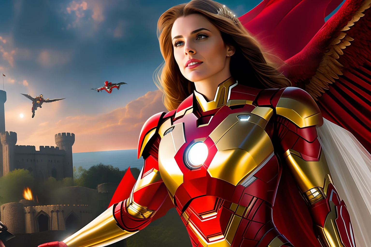 DC Comics' Hawkwoman marrying Marvel's iron man, inside a medieval castle, ultra realistic image, detailed, the best possible rendering, depth of field to give realism