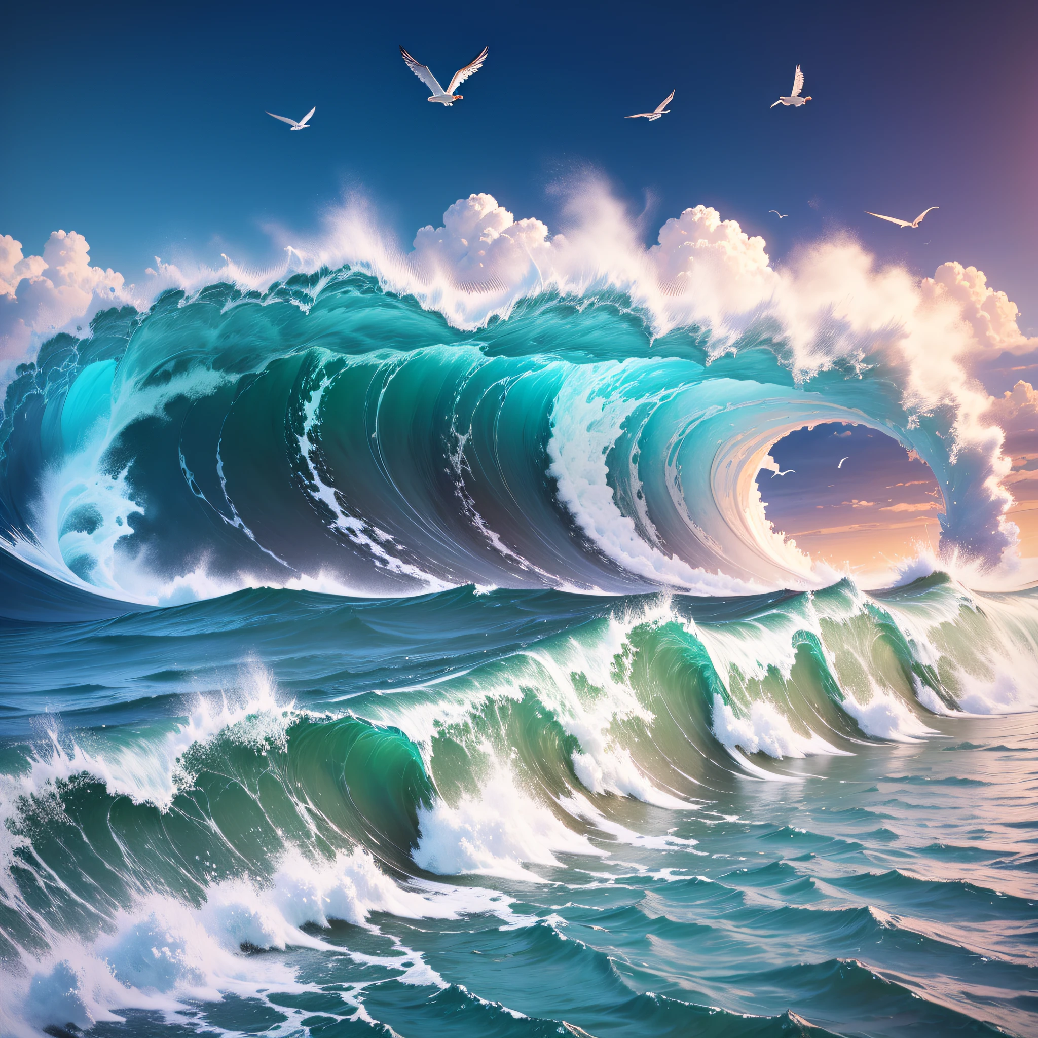 On the sunny seaside, Seagulls fly in the sky, There is a big wave, Slap on the coast, Surrealism, cinematic lighting, Ultra-Wide Angle, super detail, UHD, masterpiece, highres, 4K --auto --s2