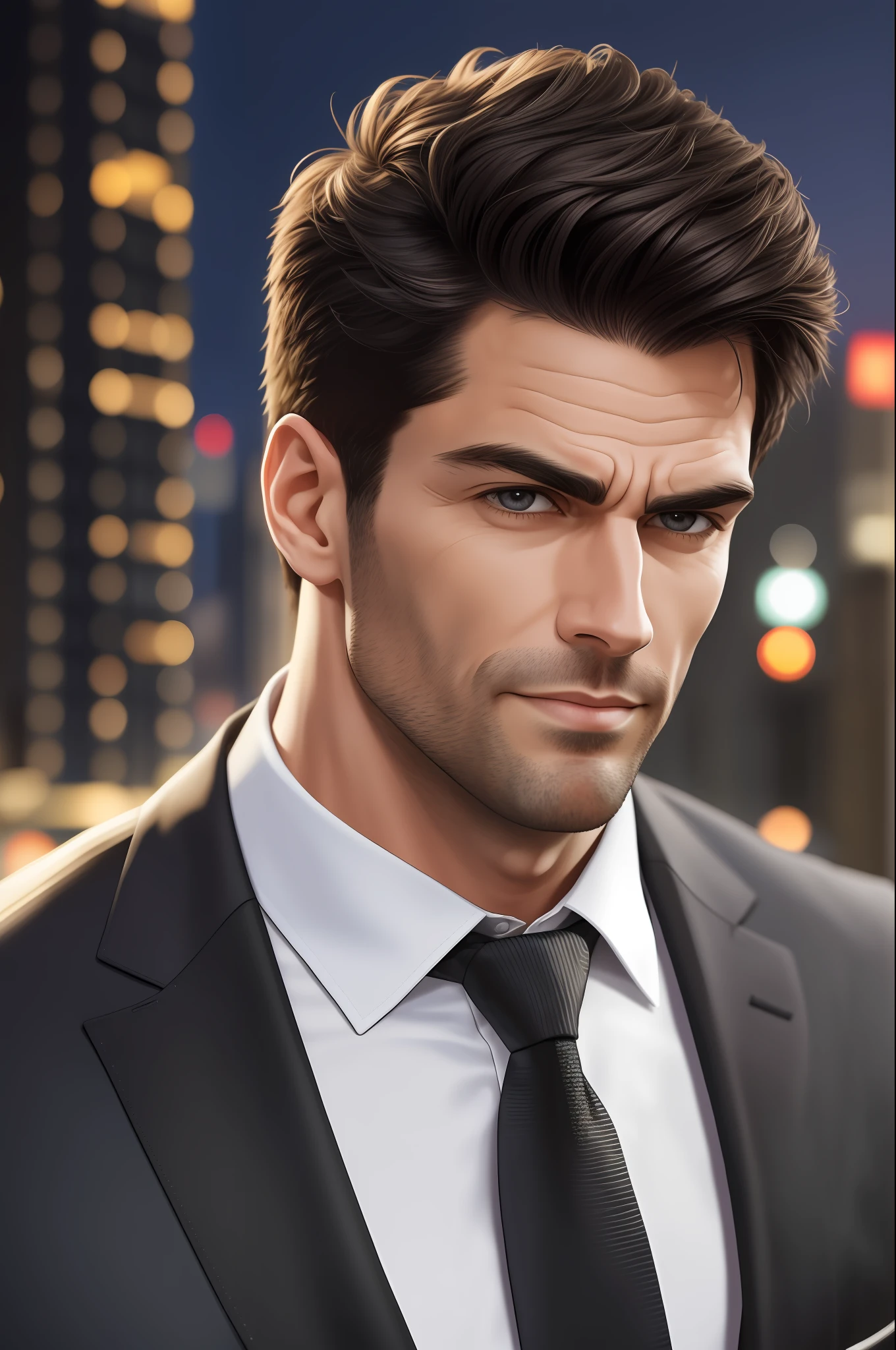 (absurdres, highres, ultra detailed, realistic, ), 1 male, solo, adult, mature, tall muscular guy, broad shoulders, handsome, very short hair, black hair, brown eyes, angular jaw, thick neck, thick eyebrows, night, dark, the night view of the city background, formal suit, necktie, upper body