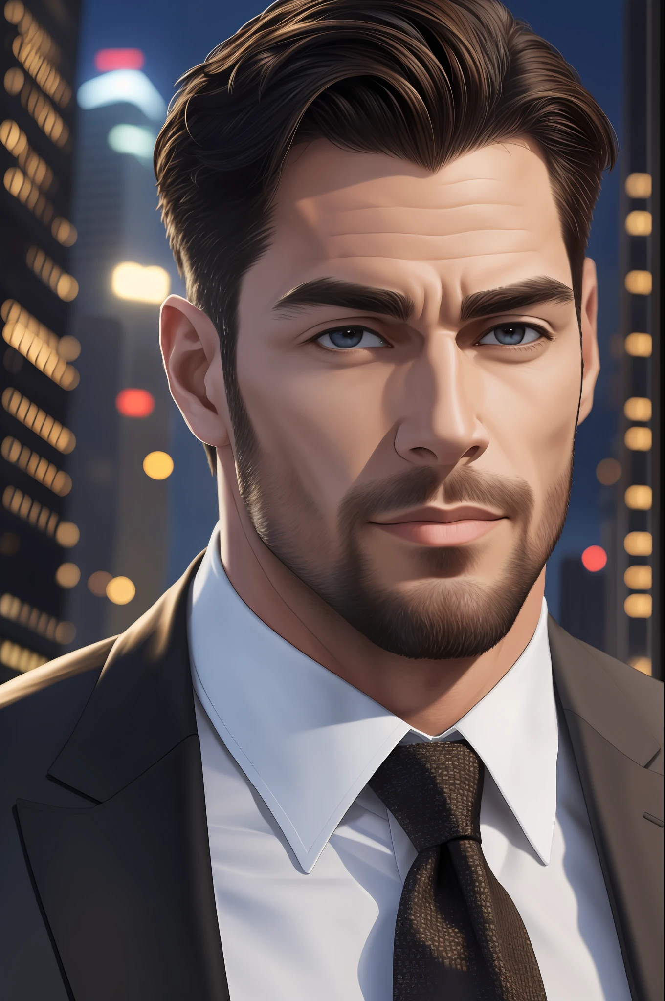 (absurdres, highres, ultra detailed, realistic, ), 1 male, solo, adult, mature, tall muscular guy, broad shoulders, handsome, very short hair, black hair, brown eyes, angular jaw, thick neck, thick eyebrows, night, dark, the night view of the city background, formal suit, necktie, upper body