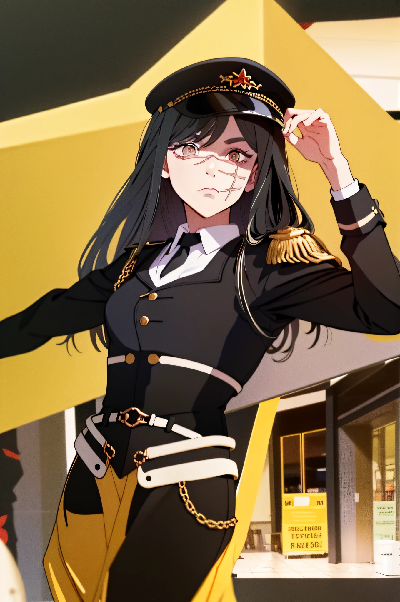 (masterpiece, best quality: 1.2), Solo, 1girl, Yoru \(Chainsaw Man\), expressionless, looking at the viewer, yellow eyes, long hair, full black hair, reference to clothing of a German WWII general, black long sleeves (better quality), scar on face, beautiful eyes, has only 2 arms, has war medals on his clothes, black military cap with a golden eagle, (wallpaper), (8K HD), (8K HD), golden shoulder pads, front view