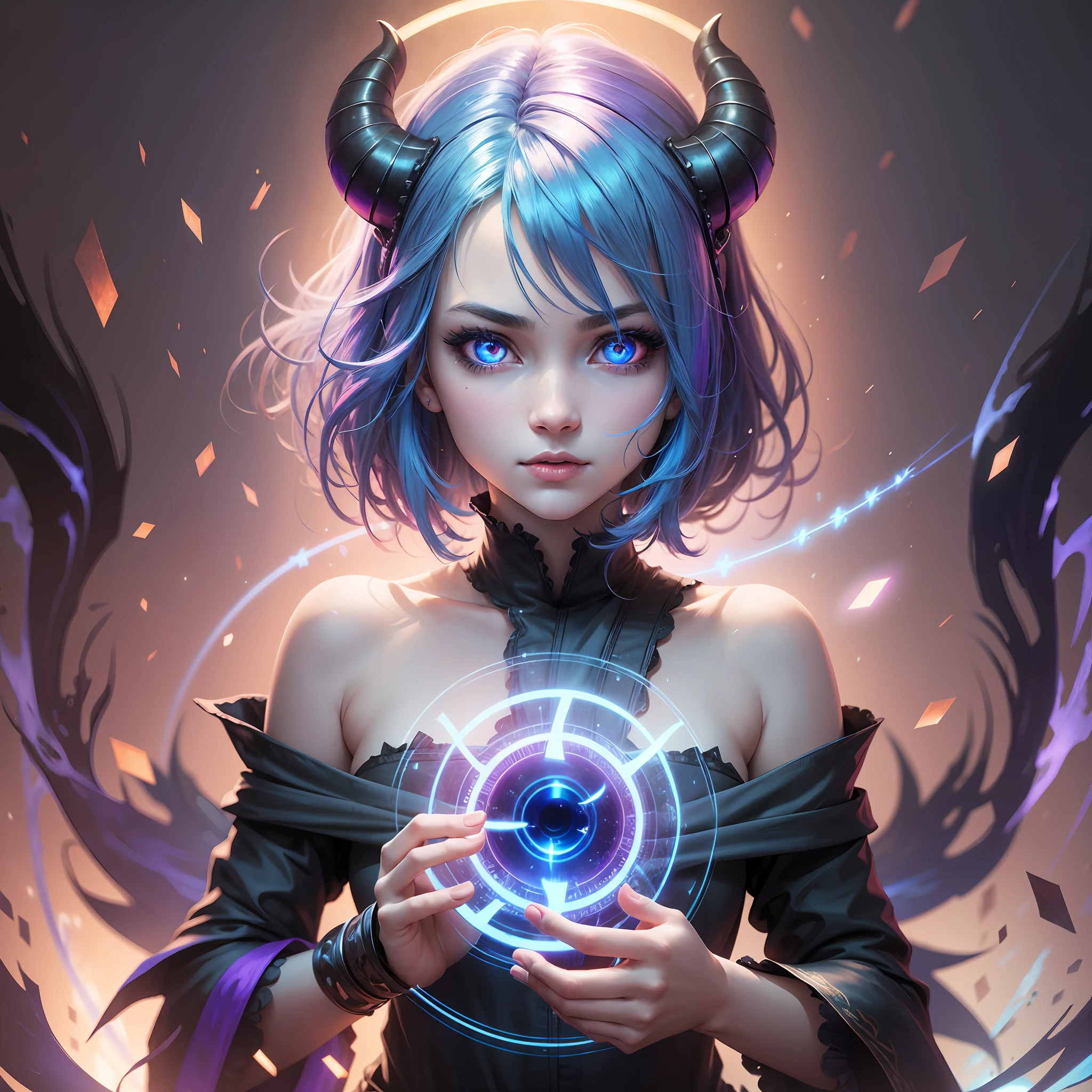 realistic, 1girl, blue hair, horns, multicolored eyes, glowing, blue eye, purple eye, bare shoulders, demon eyes, magic circle, light particles, light rays, wallpaper, --auto --s2