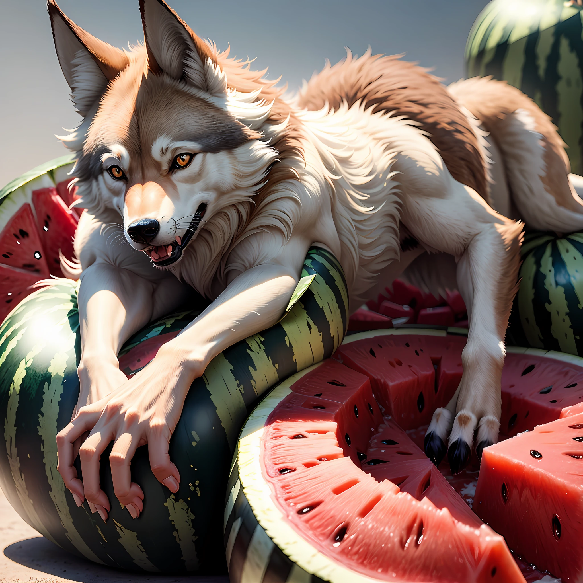 Wolf falling on top of a watermelon