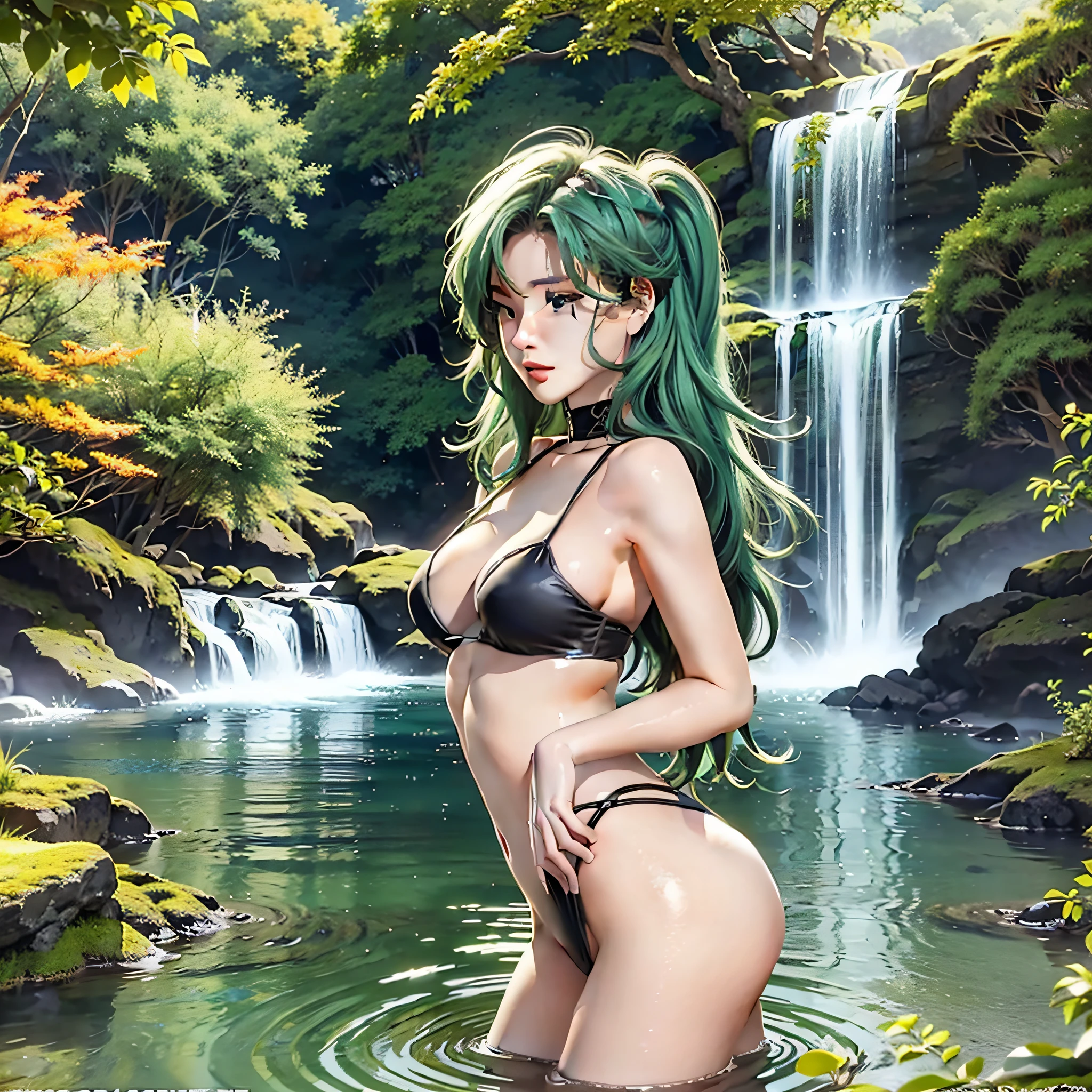 20 years old. Beautiful woman. Beautiful buttocks are visible. Waterfalls and the shores of lakes. Green hair.
