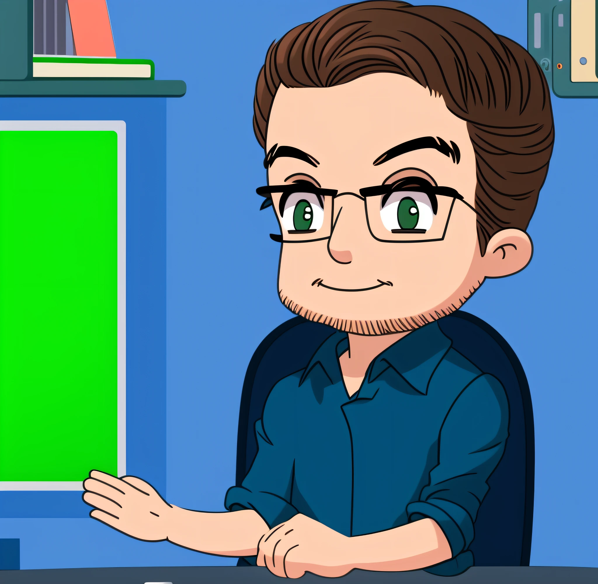 cartoon man sitting at a desk with a green screen in front of him, in cartoon style, cartoon artstyle, cartoon art style, avatar for website, vinny from vinesauce, simple cartoon style, upper body 2d game avatar, digital art cartoon, cartoon digital art, cartoon style illustration, cel - shaded art style, linus from linustechtips