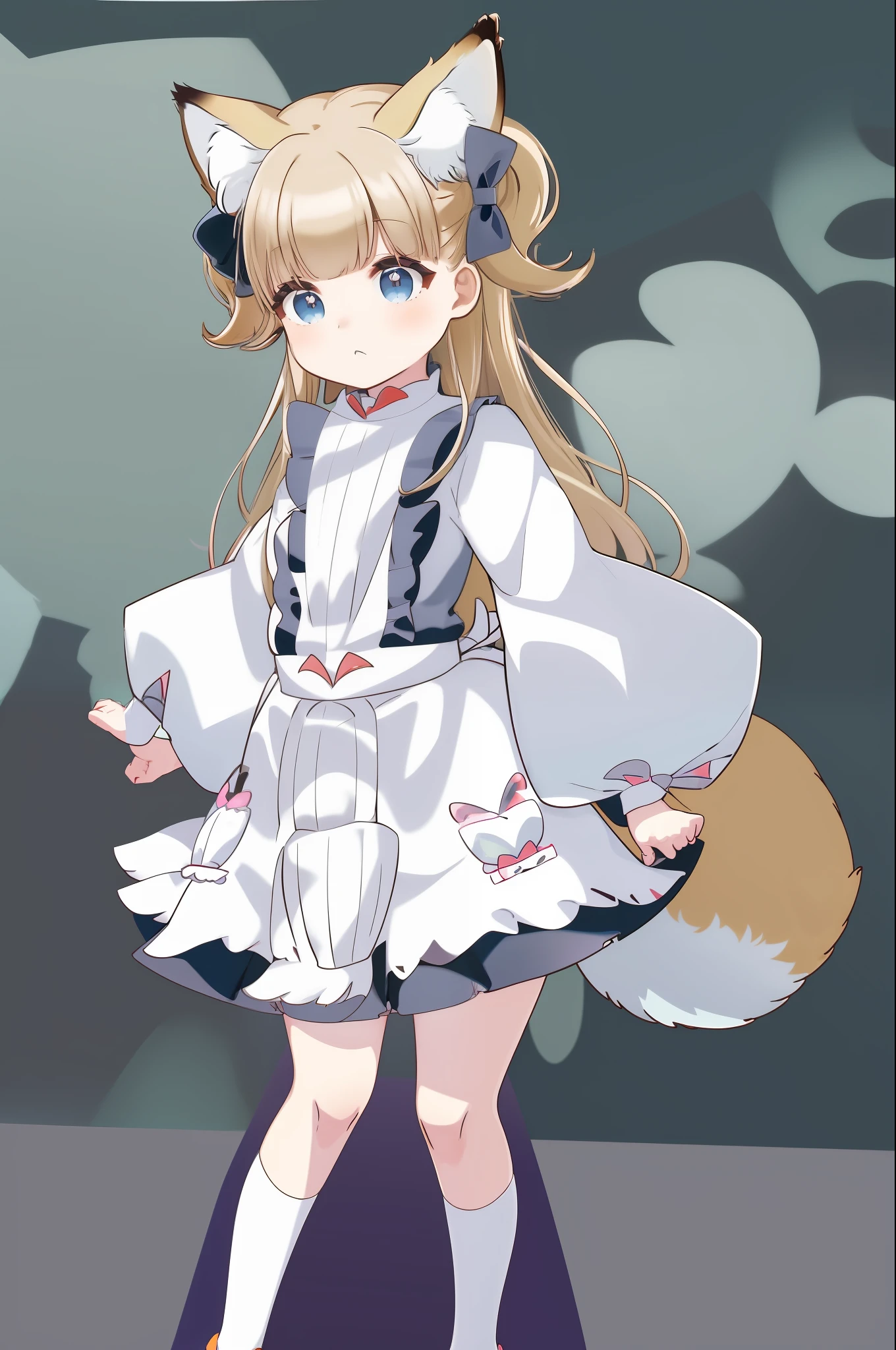 animal_ear_fluff, animal_ears, apron, aqua_eyes, bangs, blunt_bangs, eyebrows_visible_through_hair, fox_ears, fox_tail, frilled_apron, frills, full_body, long_hair, long_sleeves, sandals, simple_background, solo, standing, tabi, tail, wa_maid, white_background, white_legwear, wide_sleeves, zouri, bikini