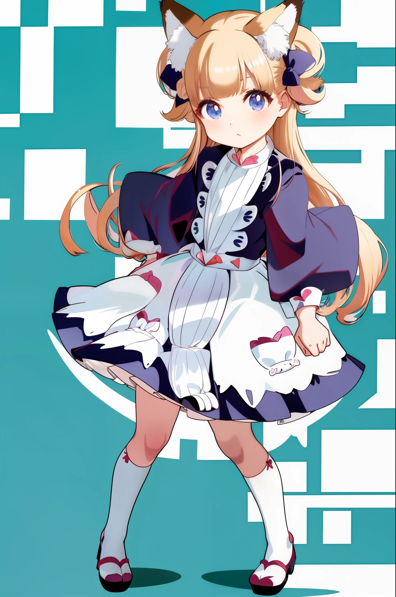 animal_ear_fluff, animal_ears, apron, aqua_eyes, bangs, blunt_bangs, eyebrows_visible_through_hair, fox_ears, fox_tail, frilled_apron, frills, full_body, long_hair, long_sleeves, sandals, simple_background, solo, standing, tabi, tail, wa_maid, white_background, white_legwear, wide_sleeves, zouri, bikini
