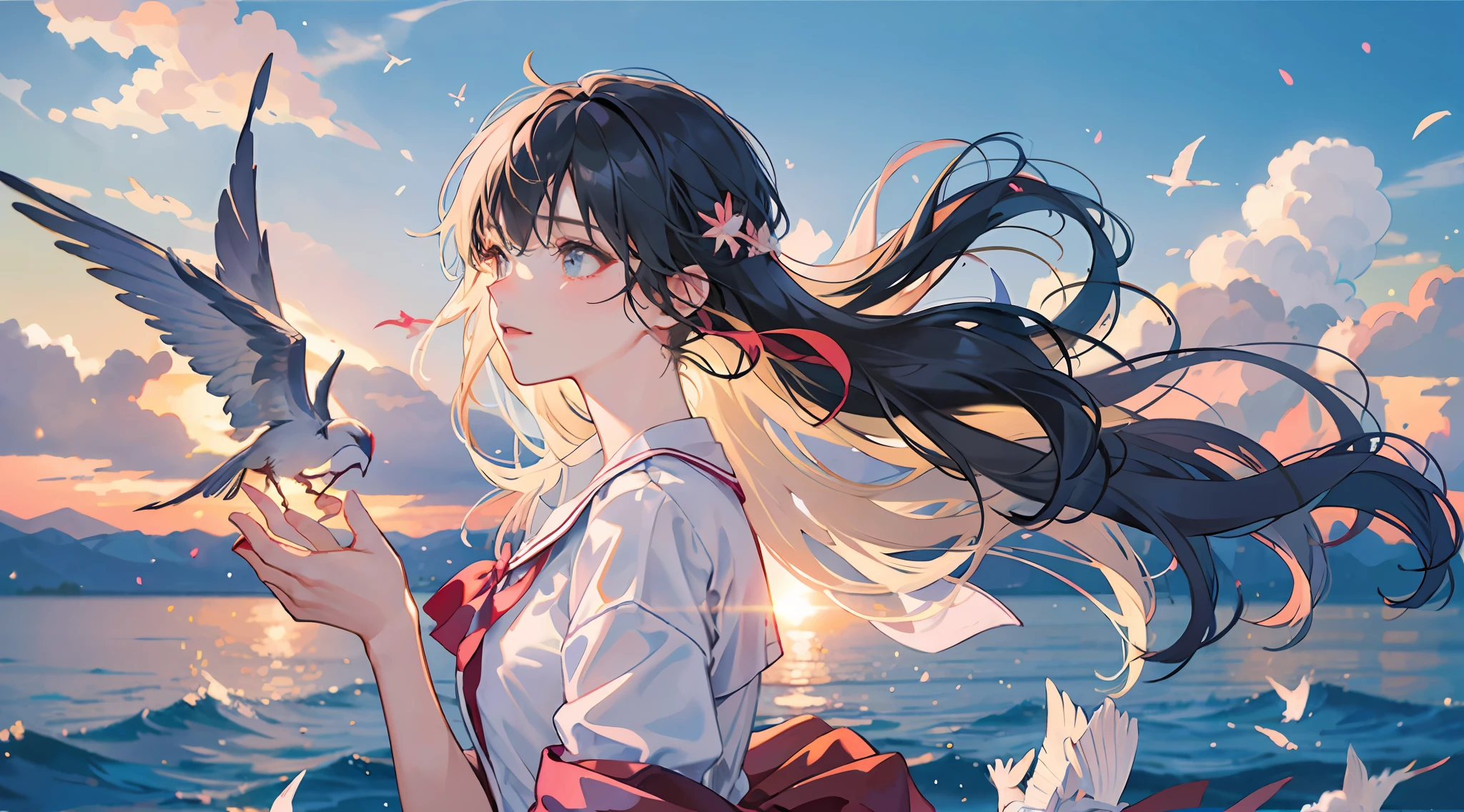 High school playground, sunset, hazy time, paper cranes floating in the air, gradually moving away, colorful sky full of colorful light, water droplets falling, echoing a crisp sound, the wind from the waves, mixed with the breath and vitality of youth, in this warm scene wide-angle lens zooming, showing the most beautiful light and shadow interlacing. --auto --s2