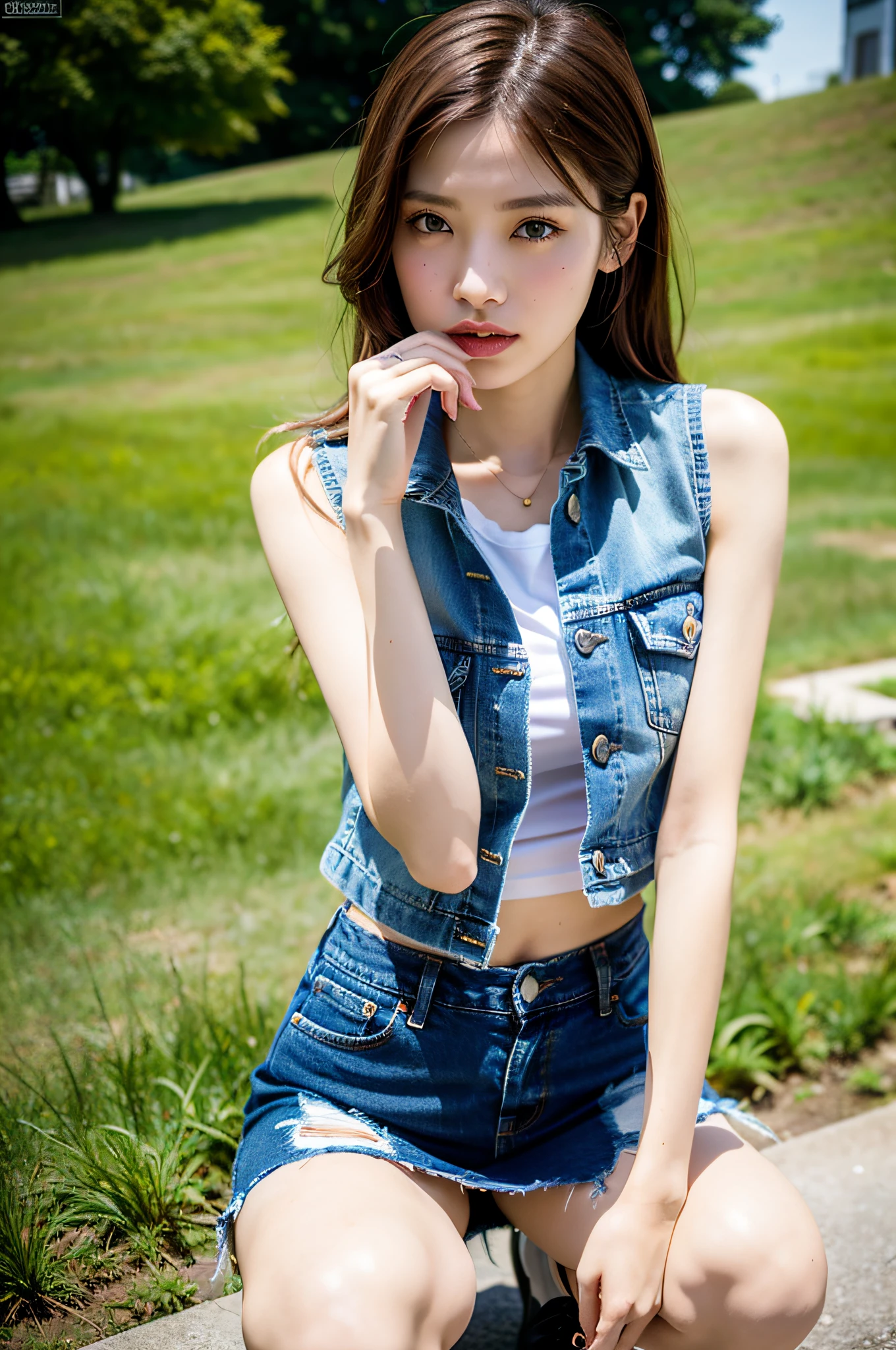 slim girl model photo, female model, Japan woman, (8k, RAW photo, top quality, masterpiece: 1.2), (realistic, photorealistic: 1.37), ultra detailed, ultra high resolution, summer, damaged denim mini skirt, striped vest, squat,