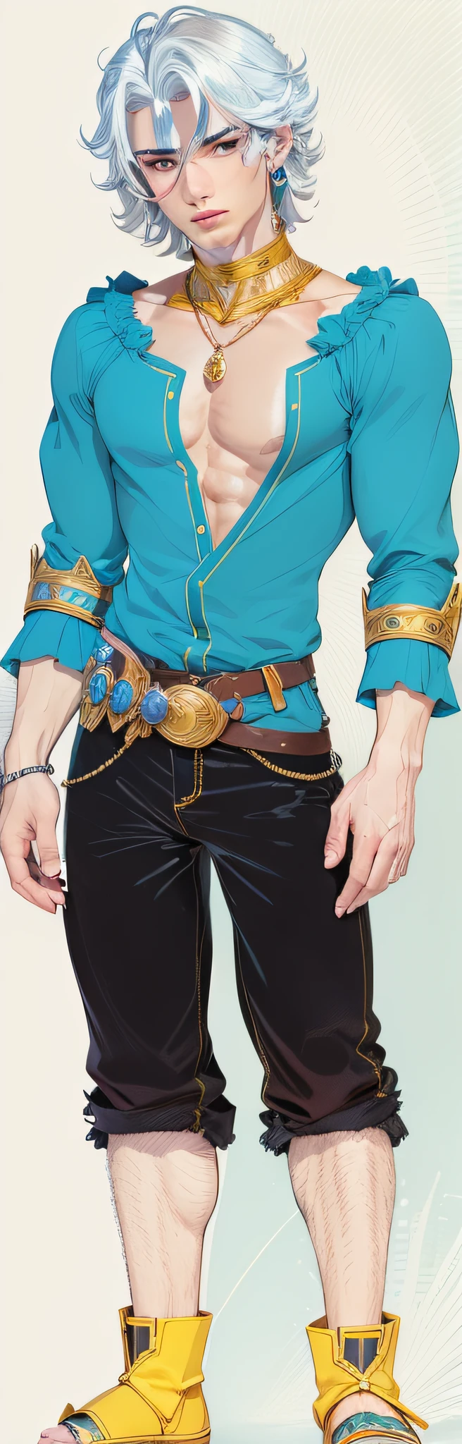 an image a man, 19 years old, manly face with white hair and a colored blue shirt, lineart colored, inspired by Gaston Anglade, guybrush threepwood, inspired by Adam Dario Keel, colored with precision, bald male swashbuckler, arsen lupin as a paladin, as an Atlantean, lineart colorful, inspired by Prince Hoare. Realistic 3D image, detailed skin. Short, yellow boot. gold necklaces on the neck. open shirt showing breastplate, accessories in gold clothing. pale human skin is realistic and detailed.