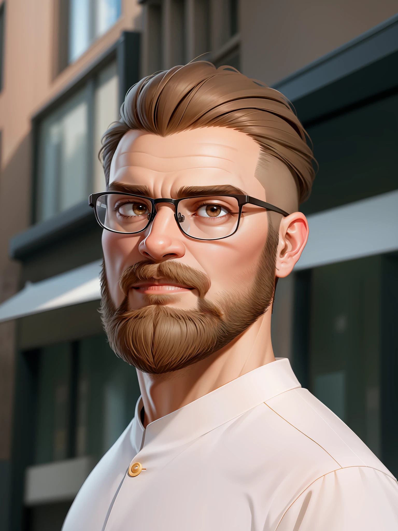 HD, (best detail) (best quality), detailed facial features, with a man with glasses and a beard standing in front of the building, cartoon