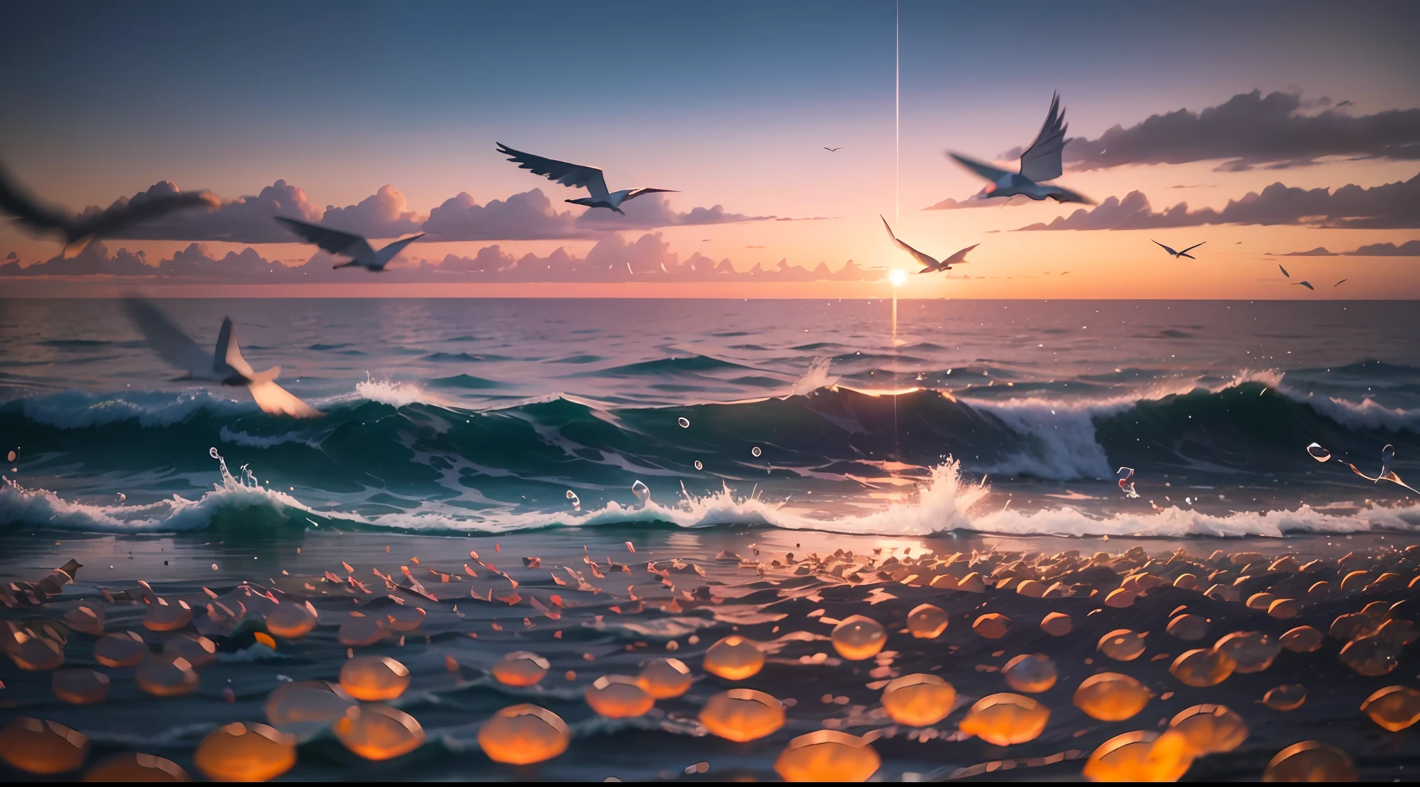 High school playground, sunset, hazy time, paper cranes floating in the air, gradually moving away, colorful sky full of colorful light, water droplets falling, echoing a crisp sound, the wind from the waves, mixed with the breath and vitality of youth, in this warm scene wide-angle lens zooming, showing the most beautiful light and shadow interlacing. --auto --s2