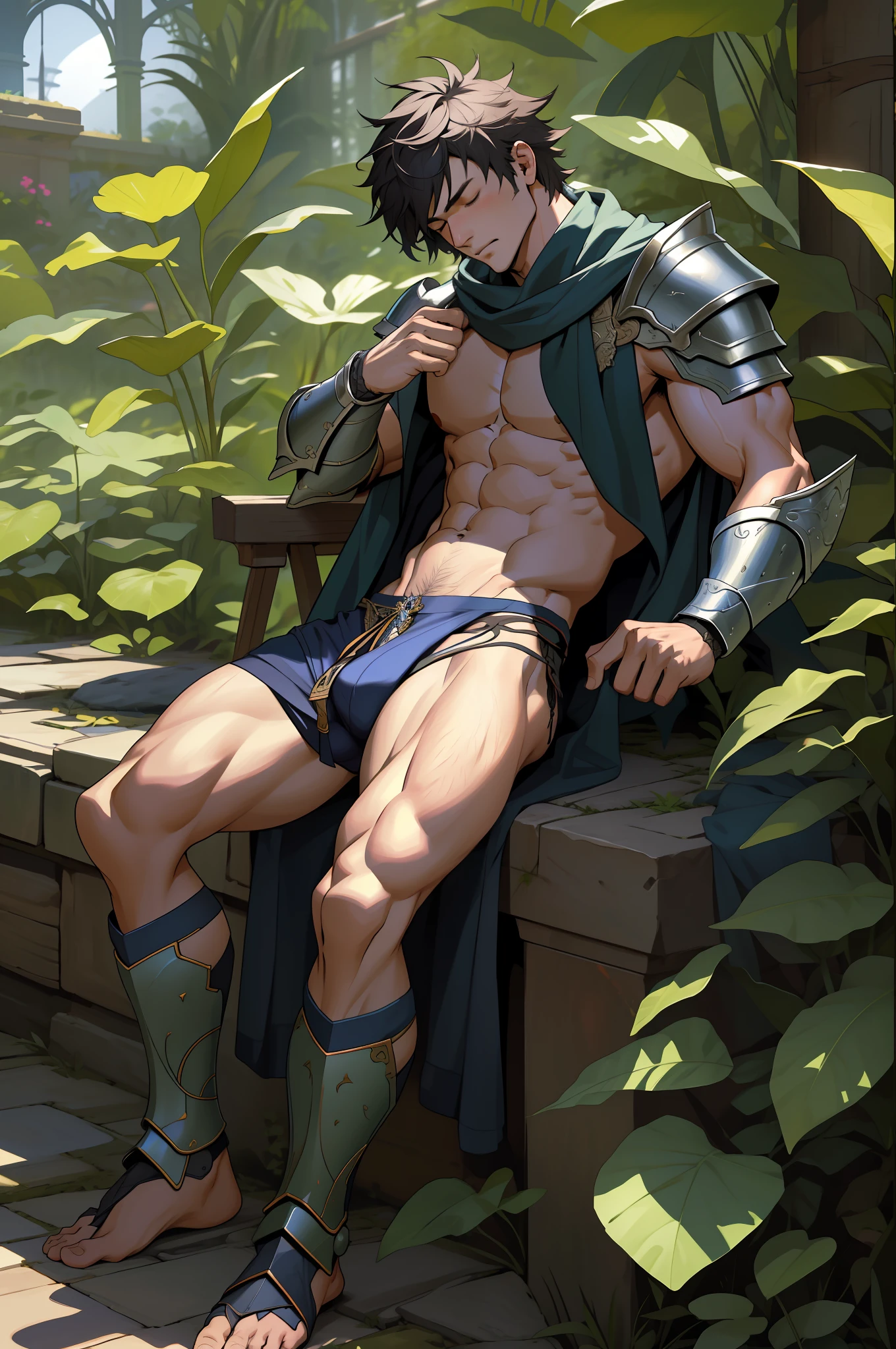 masterpiece, best quality, ultra high res, highly detailed, male, fantasy, thong,  armor, pantless, shirtless, open clothes, sleeping, botanical garden