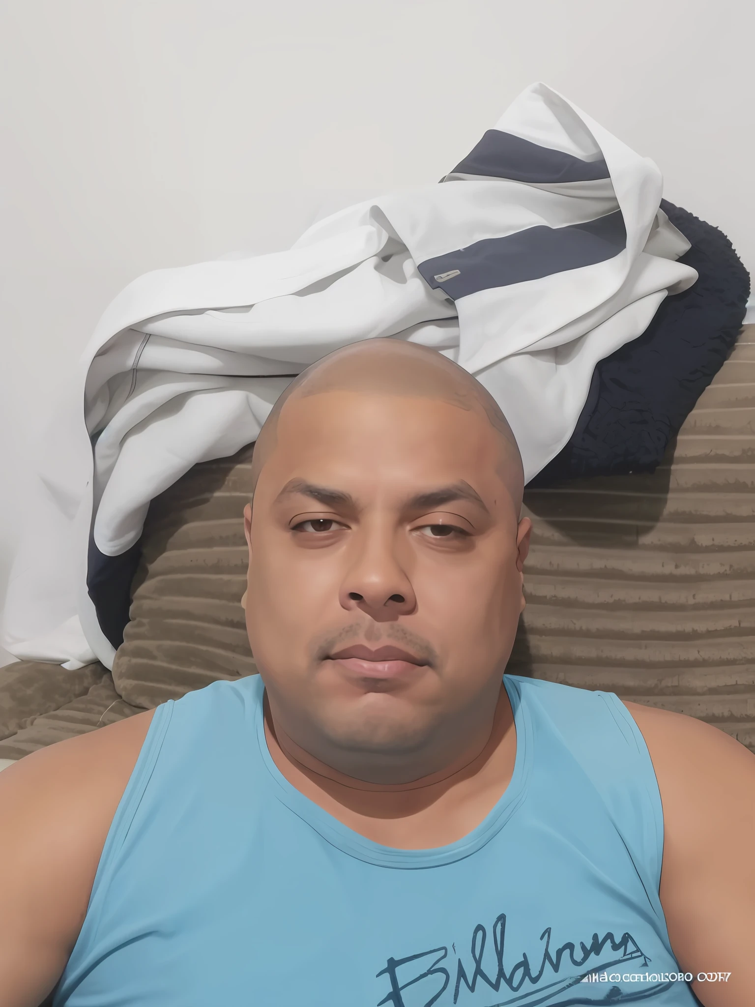 arafed man sitting on a couch with a shirt on top of his head, ronaldo nazario fenomeno, ronaldo nazario, ronaldo luis nazario de lima, ronaldo luis nazario da lima, 4 0 years old man, 45 years old men, no hair completely bald, (38 years old), frontal picture, david rios ferreira