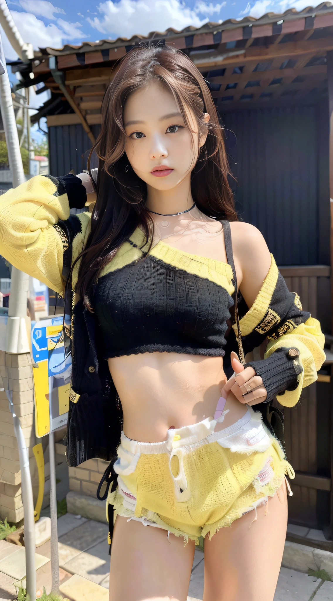 (1girl:1.3), solo,_ Kim Ji-ni Jennie face, wearing yellow armband sweater, cropped style, white bandeau underneath, pale green shorts, sexy, cute, white socks, background campus, full body photo, looking at the audience, world-weary face, cold eyes, Korean style photo photos, photographic lighting, strong contrast, sunlight on the face, world-weary face, high-end sense, 8k resolution image, intricate symmetry details. Smooth action, full picture.