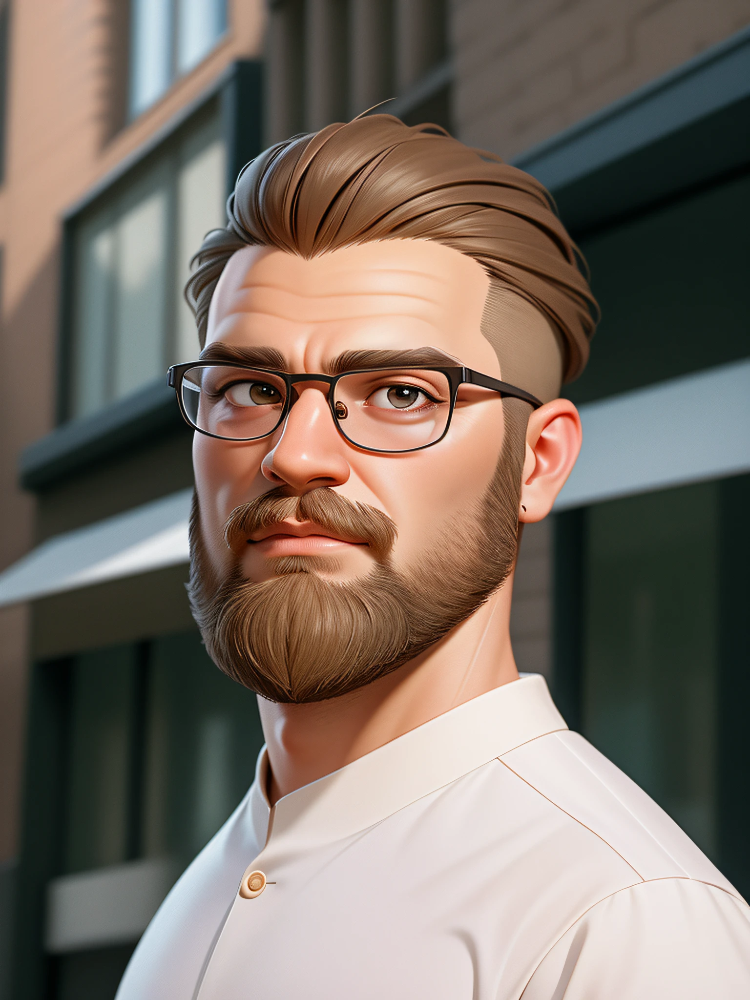 HD, (best detail) (best quality), detailed facial features, with a man with glasses and a beard standing in front of the building, cartoon