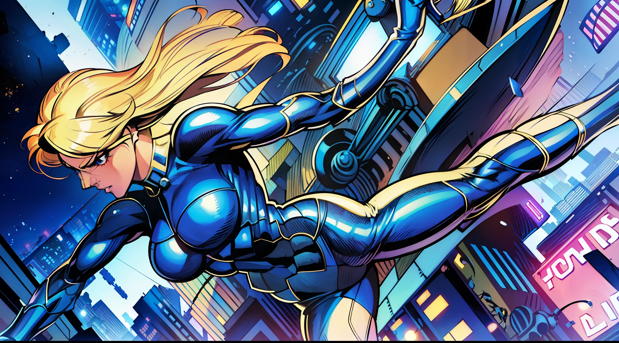 (a blonde heroine landing gracefully on a busy street:1.2), (high quality, super detailed, branded by Stan Lee, Jim Lee and Joe Bennet), trademark blue and white superhero costumes, (, a fearless look), with a modern city backdrop, (bustling streets, tall buildings, ).