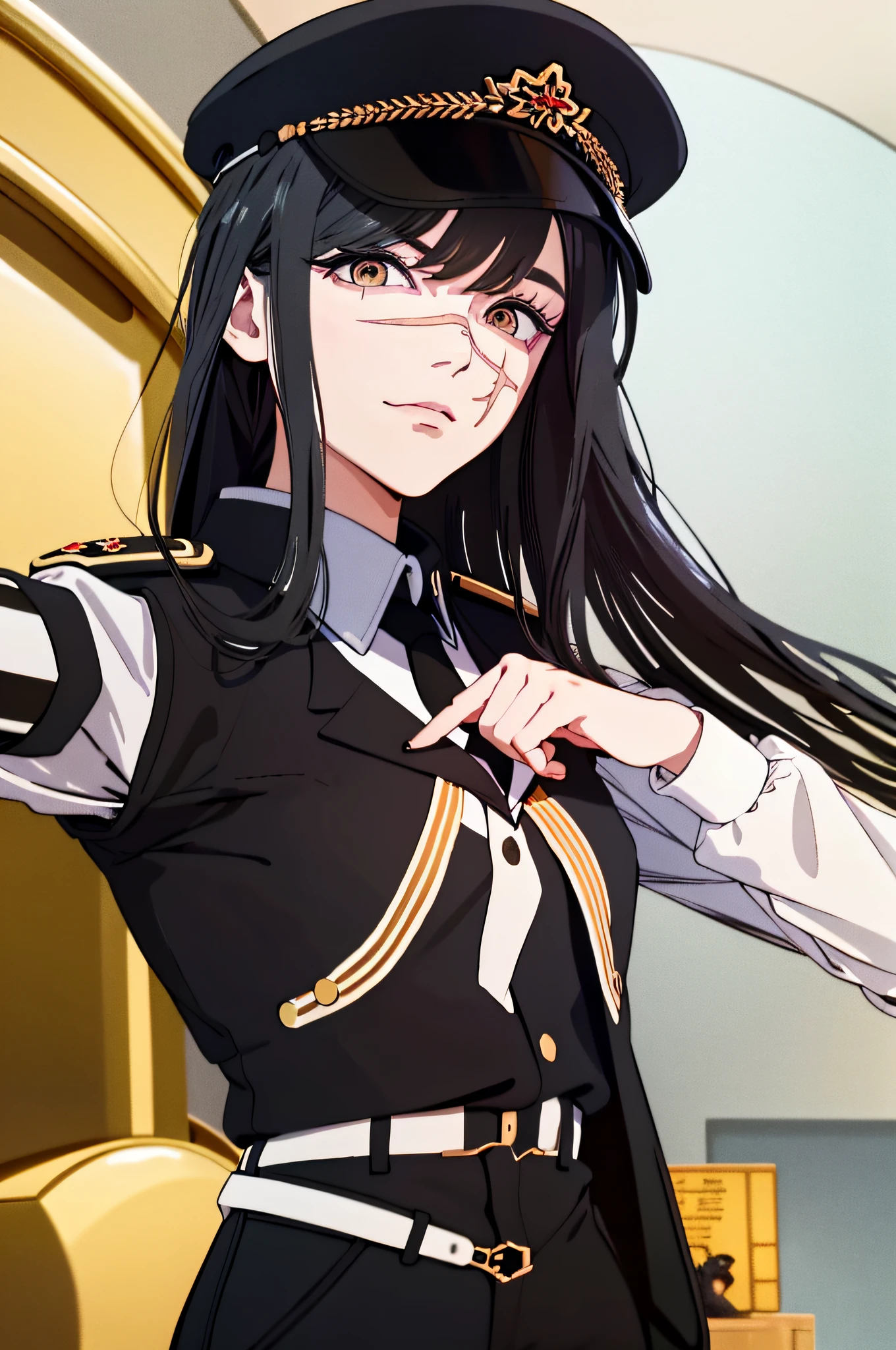 (masterpiece, best quality: 1.2), Solo, 1girl, Yoru \(Chainsaw Man\), expressionless, looking at the viewer, yellow eyes, long hair, full black hair, reference to clothing of a German WWII general, black long sleeves (better quality), scar on face, beautiful eyes, has only 2 arms, has war medals on his clothes, black military cap with a golden eagle,  (wallpaper), (8K HD), (8K HD), golden shoulder pads, front view