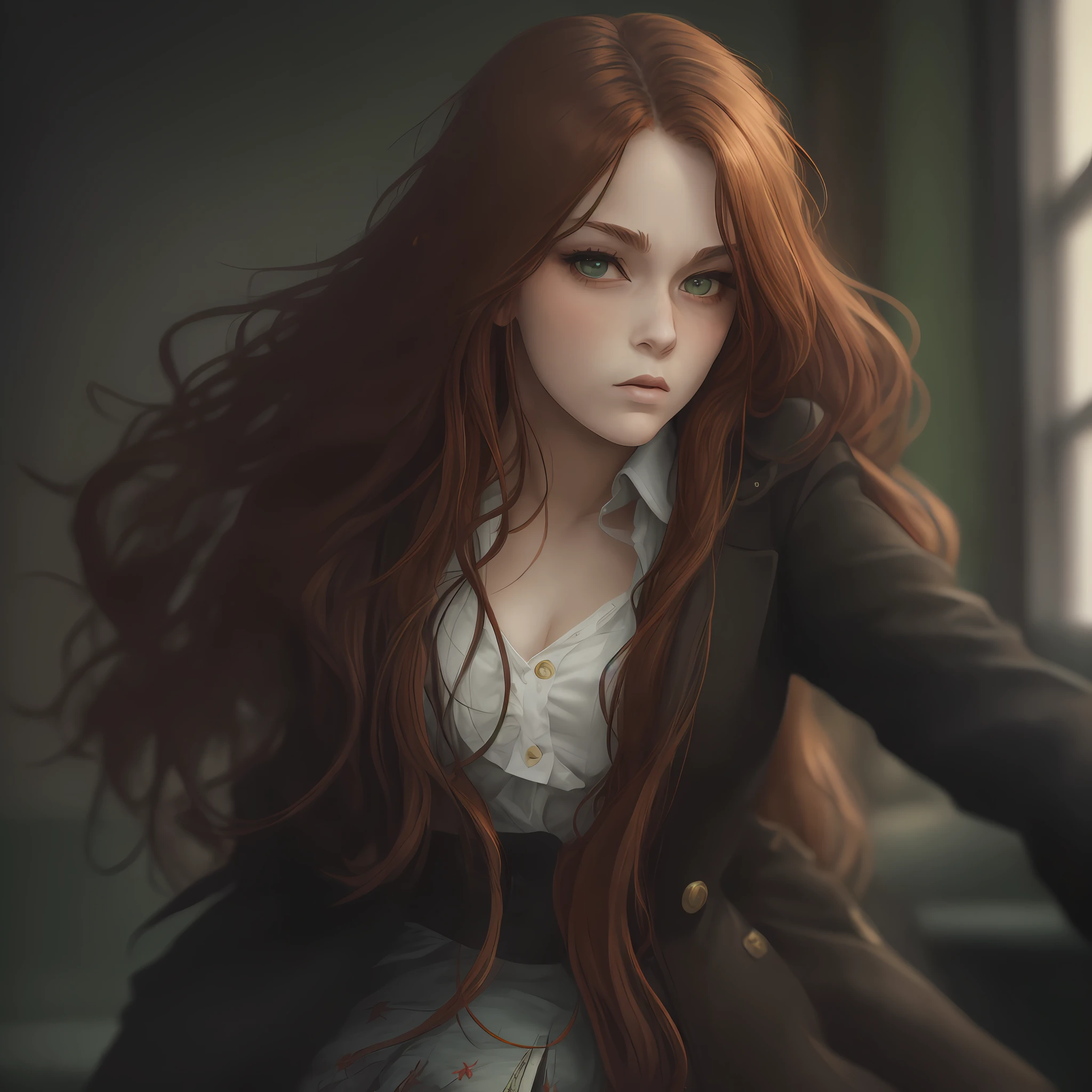 Ultra realistic, Formal Painting, 4K, Girl with long crimson red hair. Very Green Eyes, Boxer. Intimidating. Wearing school uniform. With an angry countenance. Strife. Violent. Victorian painting. Classroom. Dressed in brown overcoat. --auto --s2