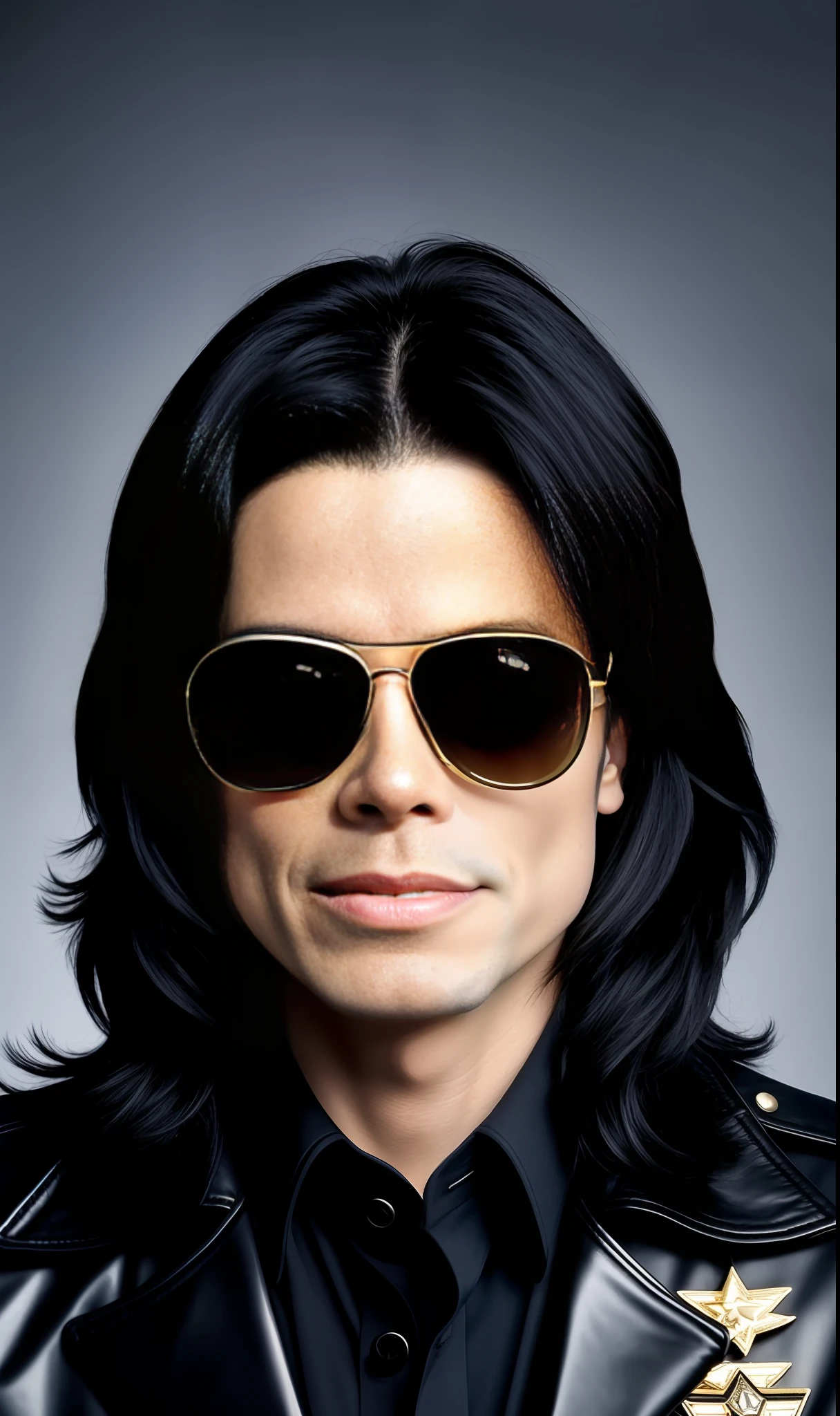 Michael Jackson 2000s photo, 4K texture, black long hair, high quality, with black and gold military clothing in a photo studio background White, 8k image, stars background, white skin, 50 years old, king of pop, Michael Jackson, black aviator glasses, ((50 years old)), few wrinkles in the roato, slim face, 2000s photo, slim body, few wrinkles (((front face)))