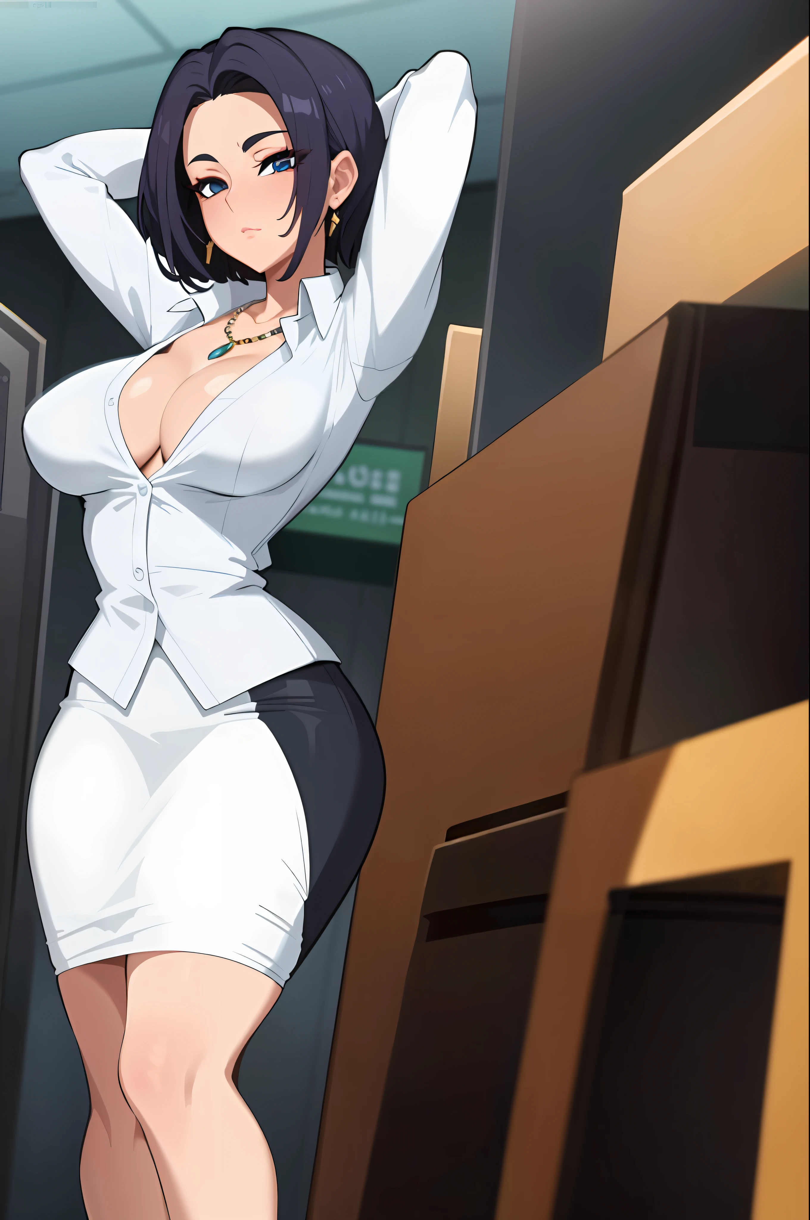 beautiful, (masterpiece:1.2), (best quality:1.2), perfect eyes, perfect face, perfect lighting, 1girl, mature businesswoman, MILF, medium breasts, pencil skirt, white shirt, cleavage, short hair, necklace, earrings, ring, long nails, office, detailed background, arms behind head,