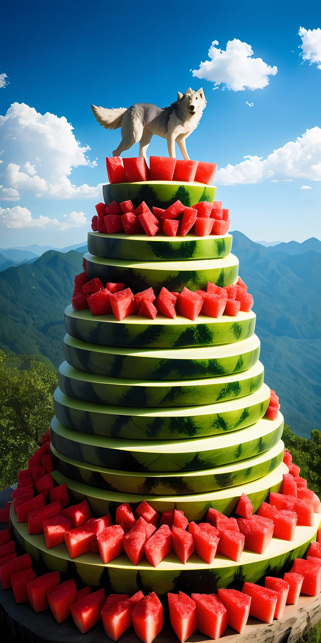 Mountain made of watermelon, wolf on top,(anime),detailed,