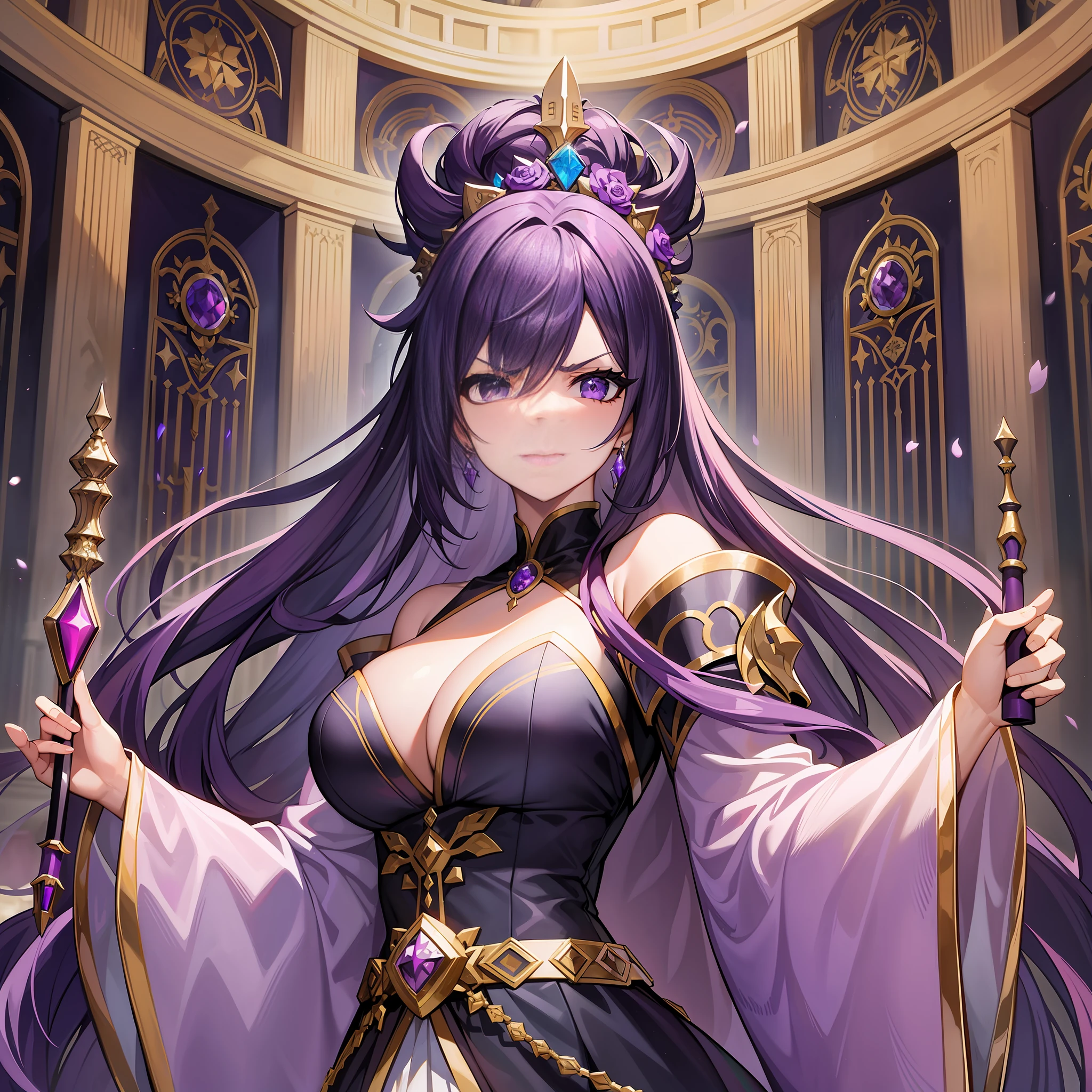 Three female emperors stand in the middle of a spacious palace with frescoes in purple and black tones and solid walls against the background. The black-haired female emperor, the character has an angry expression, her brows are furrowed, her eyes are wide, her mouth is clenched tightly, she is wearing a black jumpsuit, a silver five-pointed star on her chest, a black belt tied around her waist, holding a black long sword, and her body is straight, making people feel a strong sense of deterrence. The white-haired female emperor, the character's expression is equally angry, her eyebrows are slightly raised, and her slightly upturned nose seems to vent her inner anger, wearing a white flowing long skirt with many gorgeous decorations, including shiny gemstones and floral patterns, holding a white robe in her hand, and is about to drape her shoulders to give others a complete picture. The purple-haired female emperor, her expression was equally angry, her brows were furrowed, her eyes were wide, and her mouth was slightly open, as if she was loudly venting her anger, she wore a purple cloak, a purple crown on her head, a purple gemstone hanging in front of her, and a purple scepter in her hand to show her dominating power.