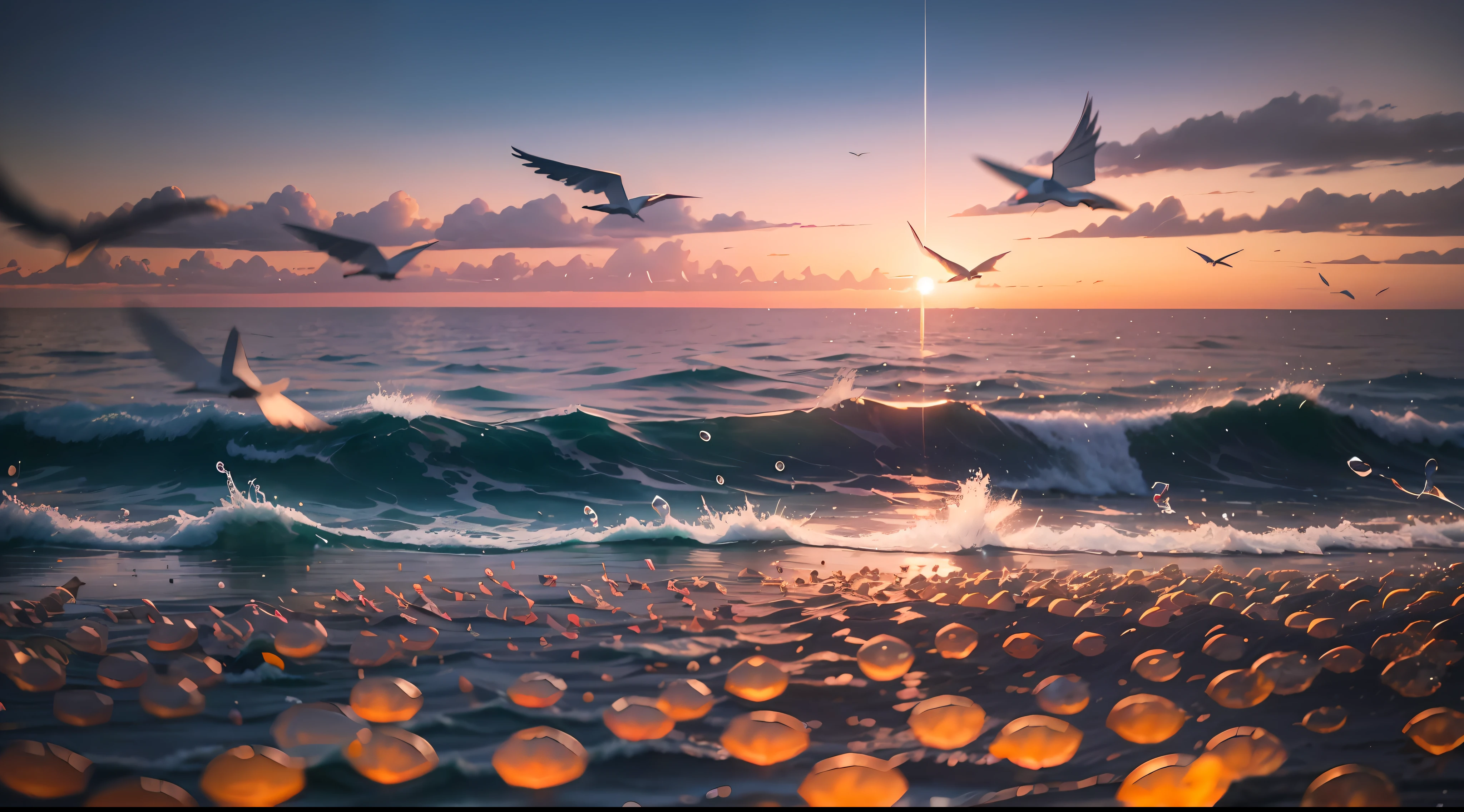 High school playground, sunset, hazy time, paper cranes floating in the air, gradually moving away, colorful sky full of colorful light, water droplets falling, echoing a crisp sound, the wind from the waves, mixed with the breath and vitality of youth, in this warm scene wide-angle lens zooming, showing the most beautiful light and shadow interlacing. --auto --s2