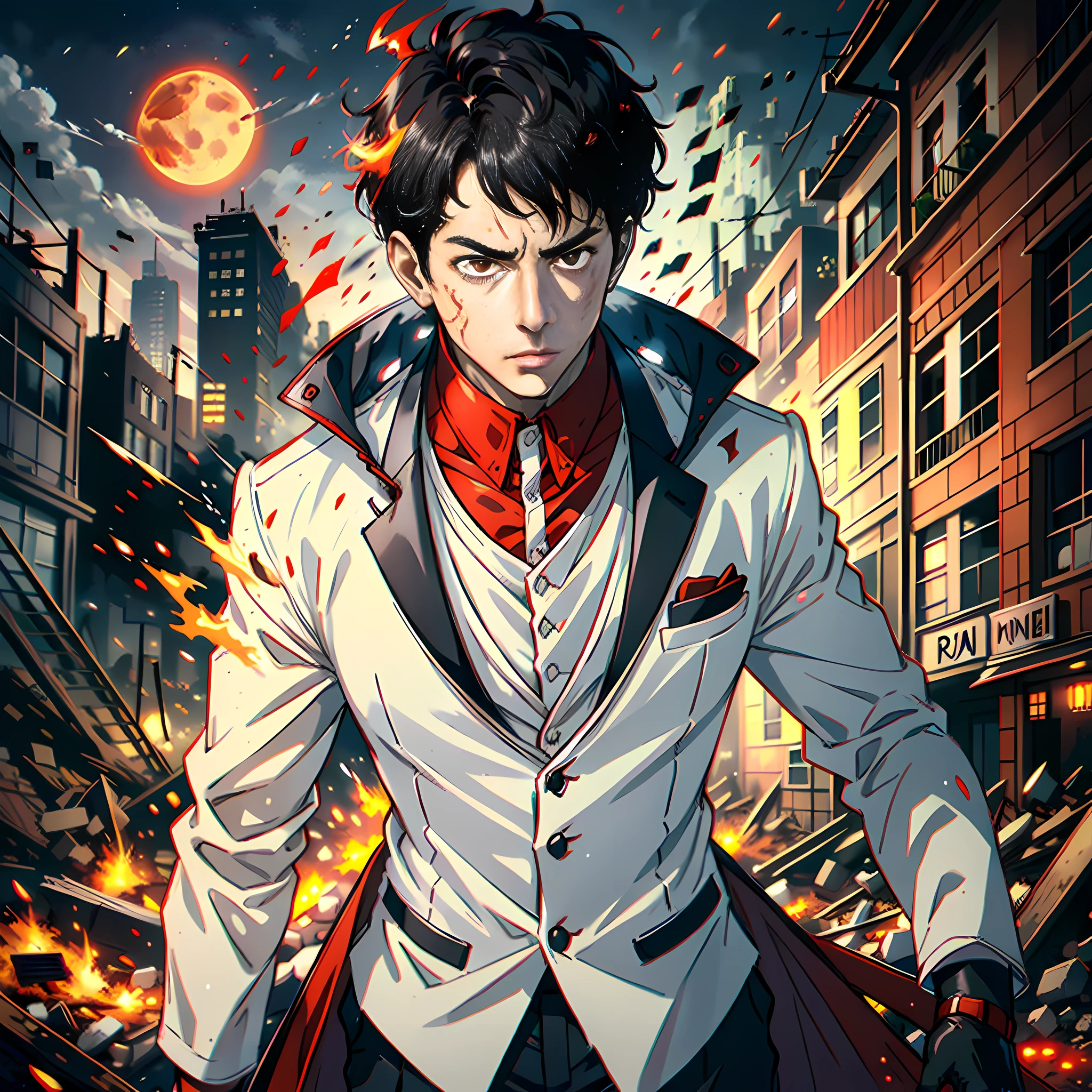 Red Moon, a handsome boy, short black hair, white suit, super detail on the face, about to turn into a zombie, front, collapsed building, red moon, rubble, fire +, no blood, highly real, UHD, chiaroscuro, super high detail, there is a flow of energy next to him