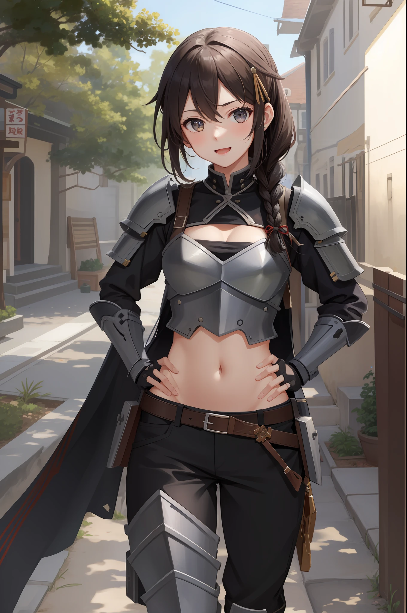 masterpiece, best quality, absurdres, perfect anatomy, 1girl, solo ShigureKancolle, long hair, single braid, hair flaps, fantasy, jewelry, leg armor, (navel cutout, armored dress:1.2), pants, smile, :d, hands on own hips, village, outdoors
