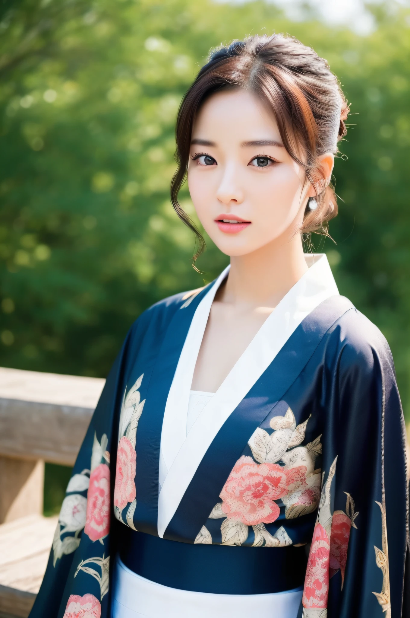 ((Top Quality, 8K, Masterpiece: 1.3)), Sharp Focus: 1.2, (Super Beautiful Face: 1.0), (Glossy Skin: 1.0), Realistic Photos, Black Hair, Realistic Pupils, Movie Lighting, Highly Detailed Eyes and Face, Movie Lighting, (Cowboy Shot: 1.0), (kimono, hakama, obi: 1.15), (Korean Cute Actress), in nature, classic kimono,