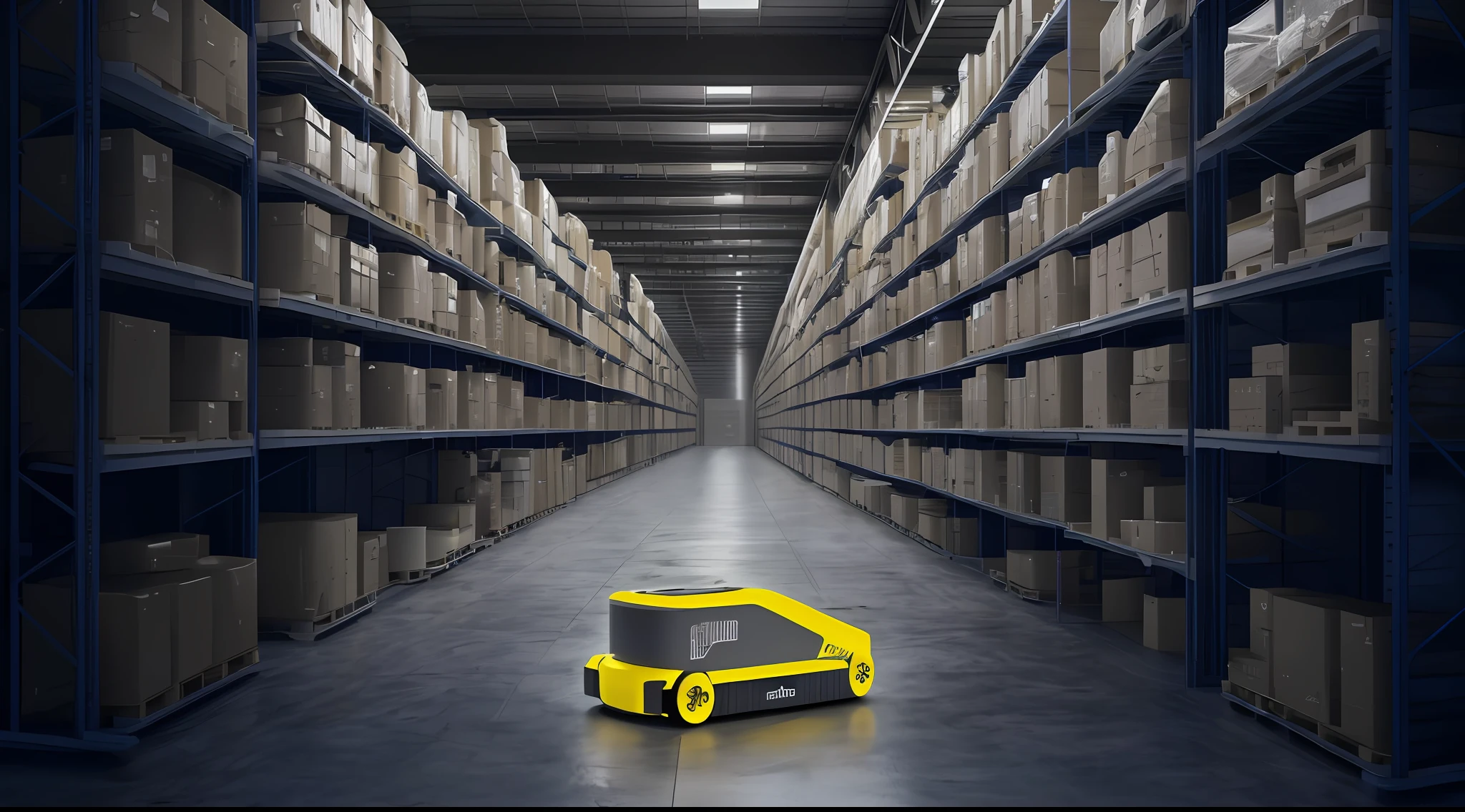 Warehouse with yellow autonomous mobile robot in the middle of aisle, (1 yellow flat plate autonomous mobile robot), in warehouse, warehouse background, in warehouse, gray warehouse background, autonomous mobile robot in data center, warehouse, photo rendering, 3d render beep, open parcel warehouse, highly photographic rendering, high quality photos, [[empty warehouse]] background
