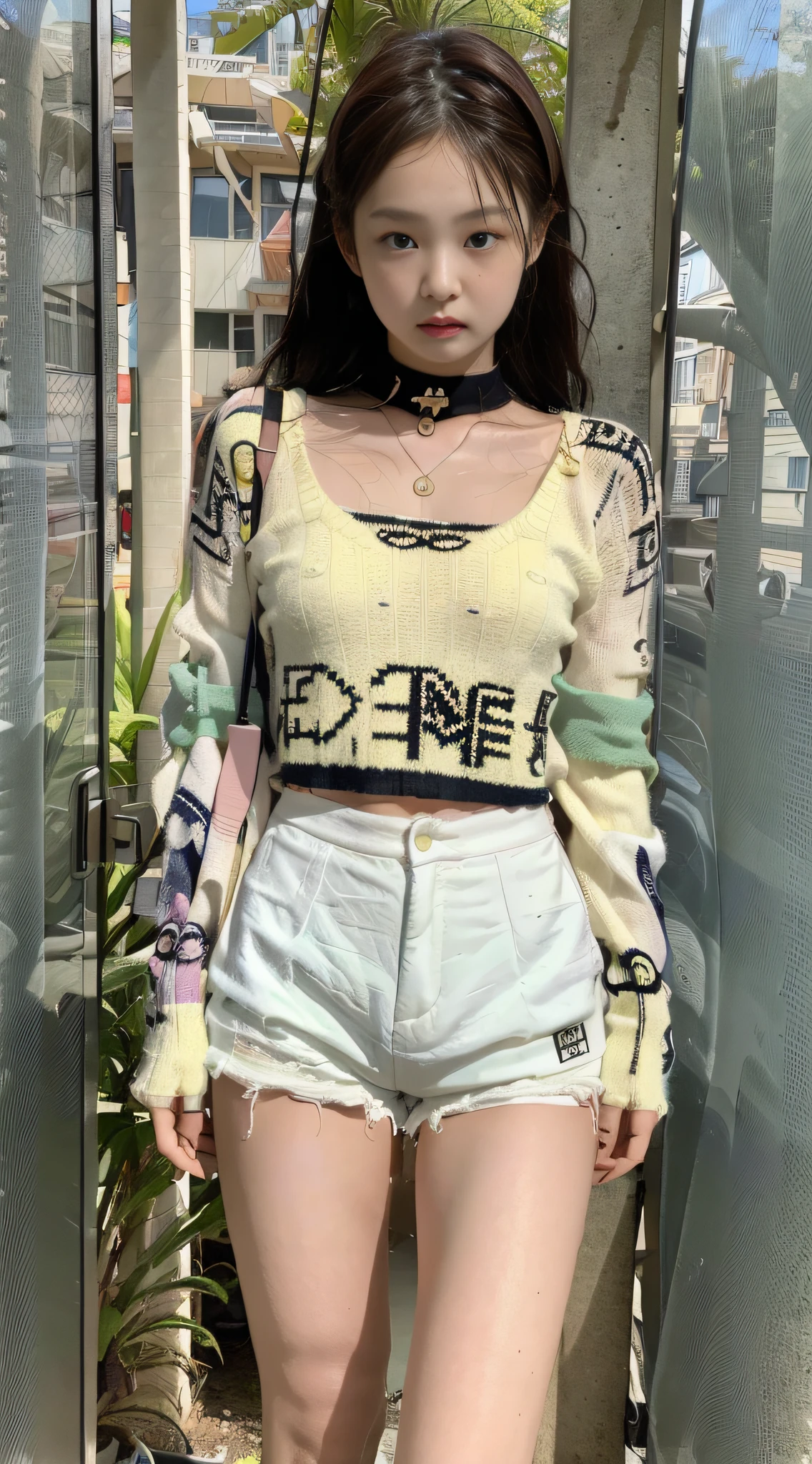 (1girl:1.3), solo,_ Kim Ji-ni Jennie face, wearing yellow armband sweater, cropped style, white bandeau underneath, pale green shorts, sexy, cute, white socks, background campus, full body photo, looking at the audience, world-weary face, cold eyes, Korean style photo photos, photographic lighting, strong contrast, sunlight on the face, world-weary face, high-end sense, 8k resolution image, intricate symmetry details. Smooth action, full picture.
