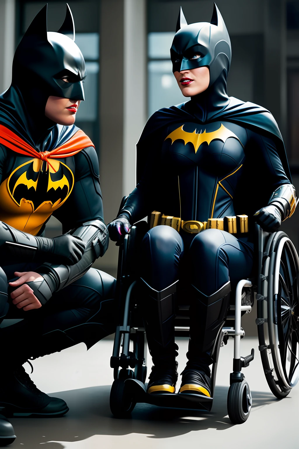 the batgirl sitting in a wheelchair being taken by the batman, extremely realistic, lots of detail, realistic, hospital setting, UHD, depth of field