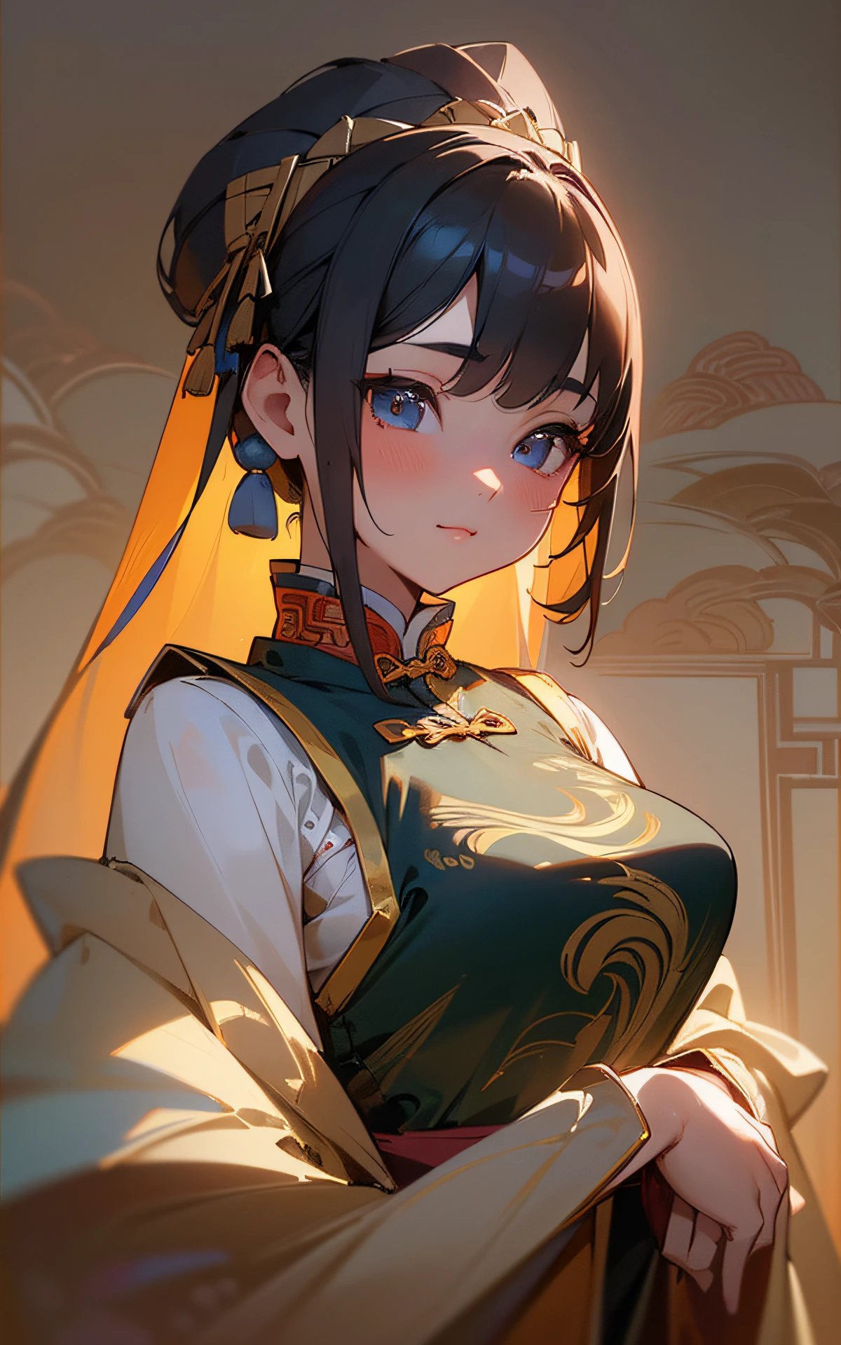 (unity 16k wallpaper, masterpiece, best quality, ultra-detailed, extremely detailed CG, caustics, cinematic lighting, detailed, beautiful detailed eyes, 1girl, curby), ultra high resolution, fine skin, (cute:1.2), (15-year-old girl), ((chinese clothes:1.2)), ((fine background writing, saturated, strong light, sexy chinese clothes)),