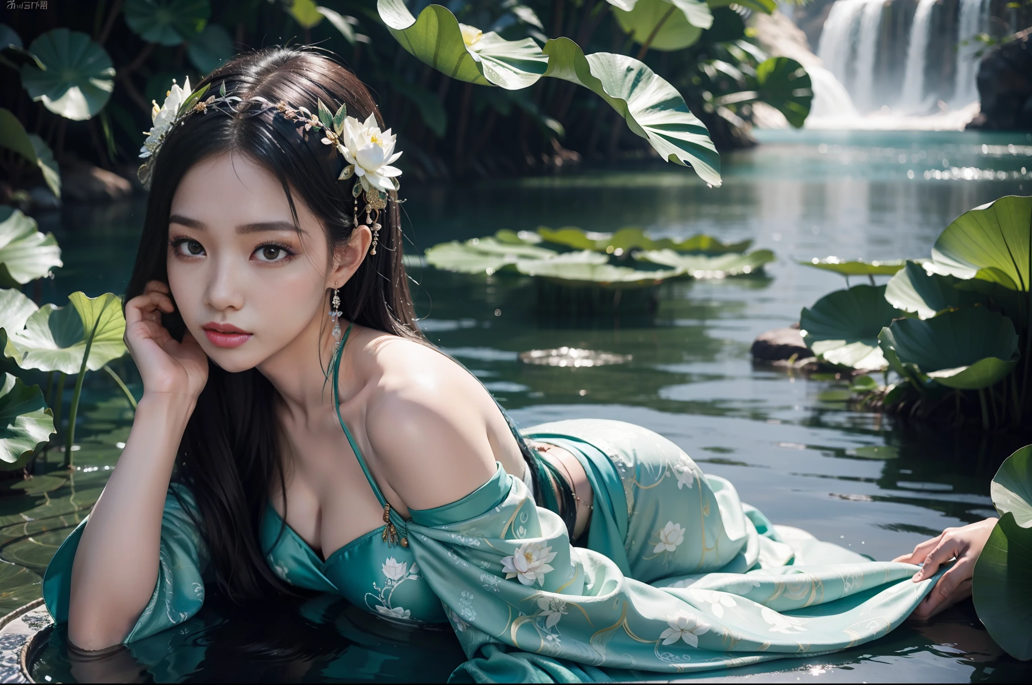 Beauty snake digitally painted beauty, highly detailed film water and ocean palette, swimming in West Lake water in a dark green Hanfu long dress of the Song Dynasty, huge lotus flower in white, delicate facial details, spotlight, perfect composition, surreal, ultra-detailed, 8k, high quality, clear focus, intricate details, highly detailed, dynamic lighting, detailed and complex environment,