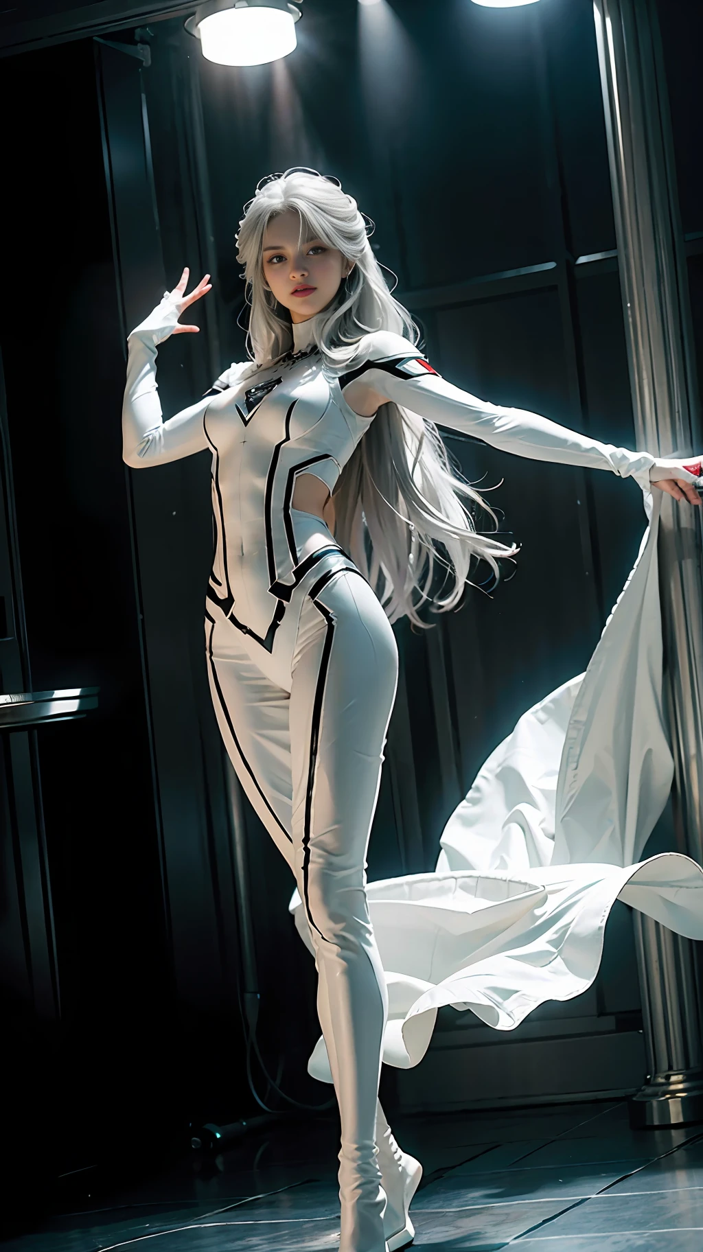 (Extreme Detail CG Unity 8K wallpaper, masterpiece, highest quality), (exquisite lighting and shadow, highly dramatic picture, cinematic lens effect), a girl in a white Spider-Man costume, silver gray hair color, from parallel universes, Marvel, Spider-Man, standing in an empty dance studio, dynamic pose), (excellent detail, outstanding lighting, wide angles), (excellent rendering, enough to stand out in its class), with a focus on the white Spider-Man costume