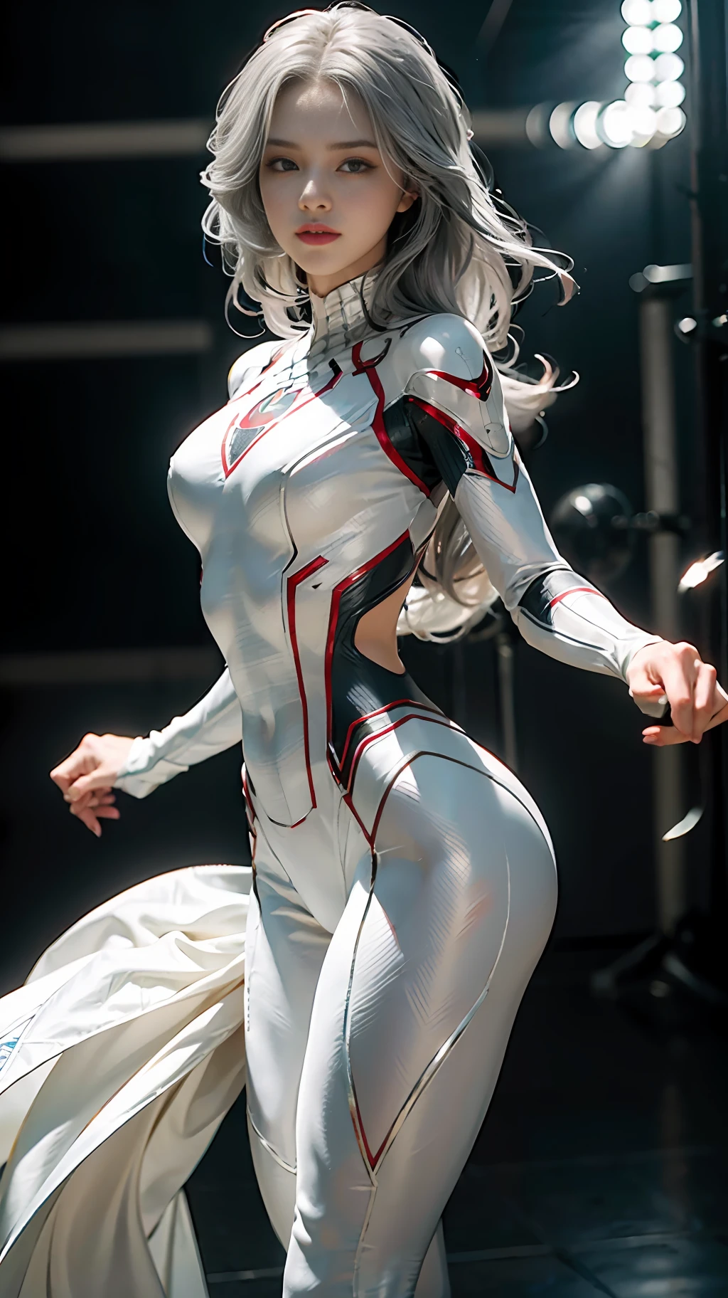 (Extreme Detail CG Unity 8K wallpaper, masterpiece, highest quality), (exquisite lighting and shadow, highly dramatic picture, cinematic lens effect), a girl in a white Spider-Man costume, silver gray hair color, from parallel universes, Marvel, Spider-Man, standing in an empty dance studio, dynamic pose), (excellent detail, outstanding lighting, wide angles), (excellent rendering, enough to stand out in its class), with a focus on the white Spider-Man costume