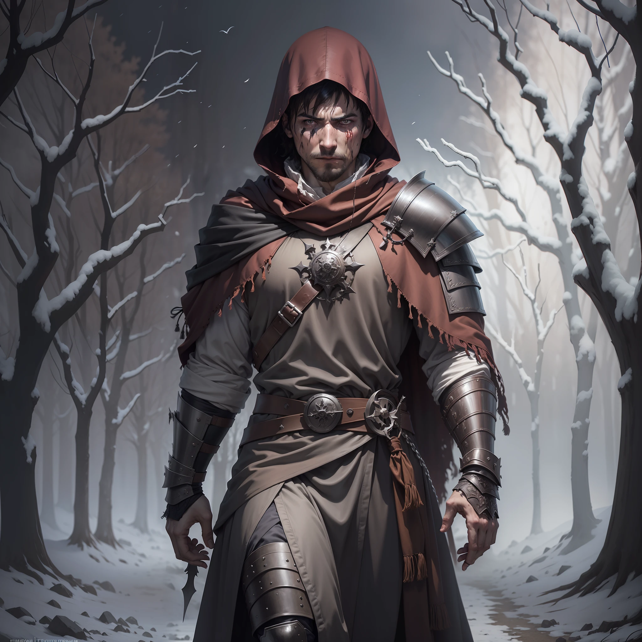 Ultra realistic mage of a man with short brown hair, wounded, face stained with dried blood, dressed in medieval armor, a monk's hood on his head, walking on a sinister and cold night, expression of suffering, wind, dark, frigid night, silhouettes of trees in the night darkness, grim photography