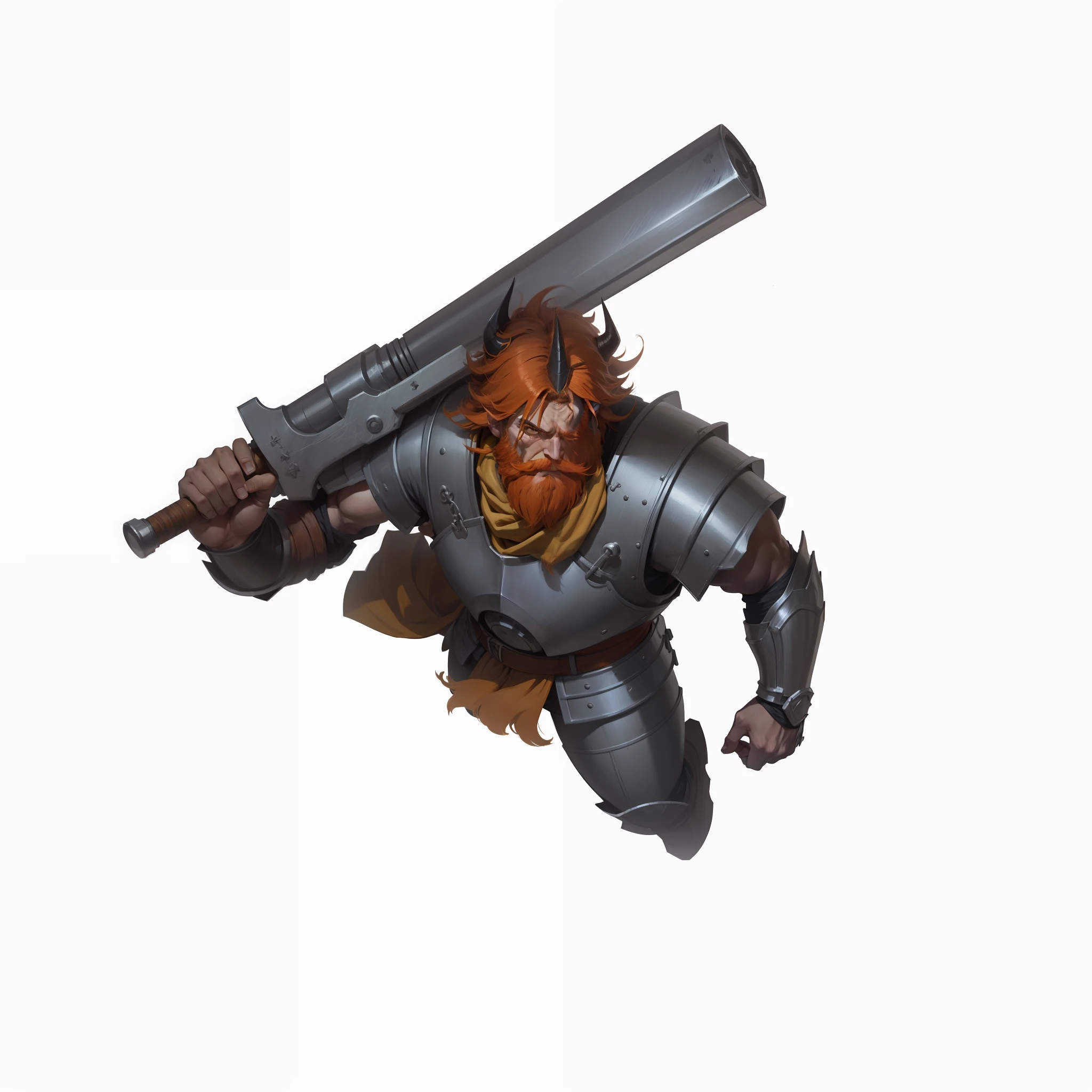 RPG Token style roll20, Anime style, giant with long orange hair, full orange beard, very muscular body, helmet with horns, yellow scarf, metal armor and a club with tips --auto --s2