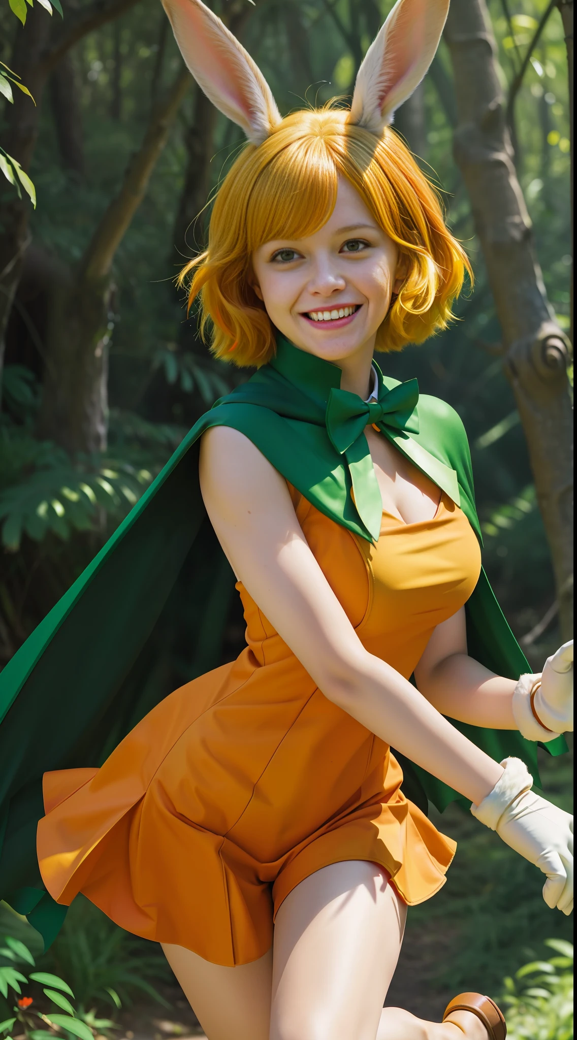 carrot_\(one_piece\), carrot_op,white_skin,((masterpiece:1.4, best quality)), ((masterpiece, best quality)), (photo realistic:1.4), medium breasts, female, big black eyes, cute, young , college age, smiling, (sideless_outfit:1.3), (sideboobs), (cross laced_top), orange_dress, short_dress, cleavage, (green_cape), fur gloves, bare_legs, brown_eyes, yellow_hair, short_hair, rabbit_tail, rabbit_ears , green_bowtie, jump, fun, dynamic, pose, wind, forest, jungle, sea, professional lighting, physically-based rendering