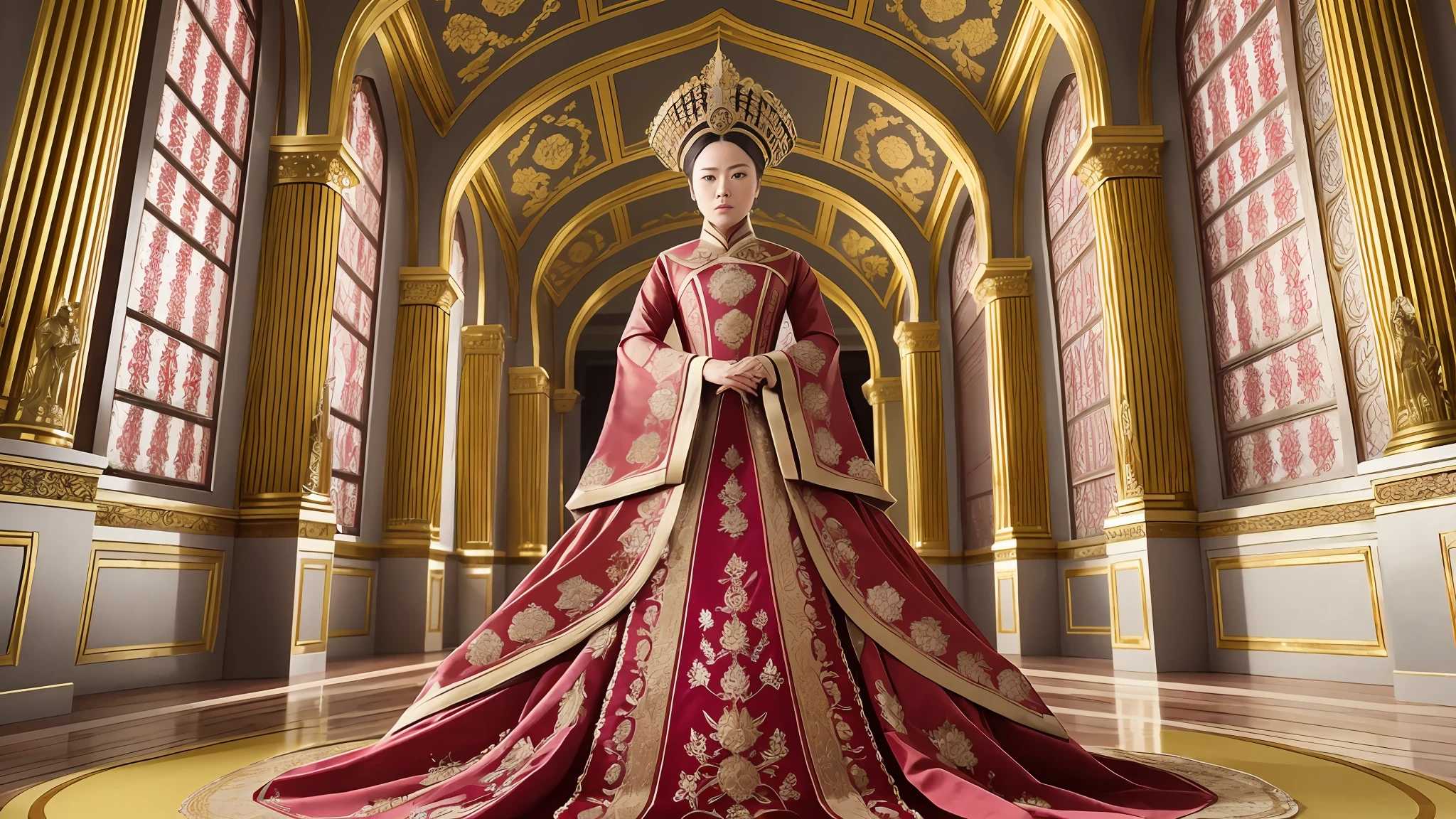 A cinematic scene, detailed photograph from the fictional Oscar-winning historical drama 'The Last Empress'. The close up image captures the Empress in her royal attire, standing in the grand hall of her palace. The intricate details of her costume and the grandeur of the palace create a visually striking image that showcases the film's meticulous attention to historical accuracy and the stunning costume design that won it the Oscar. --auto --s2